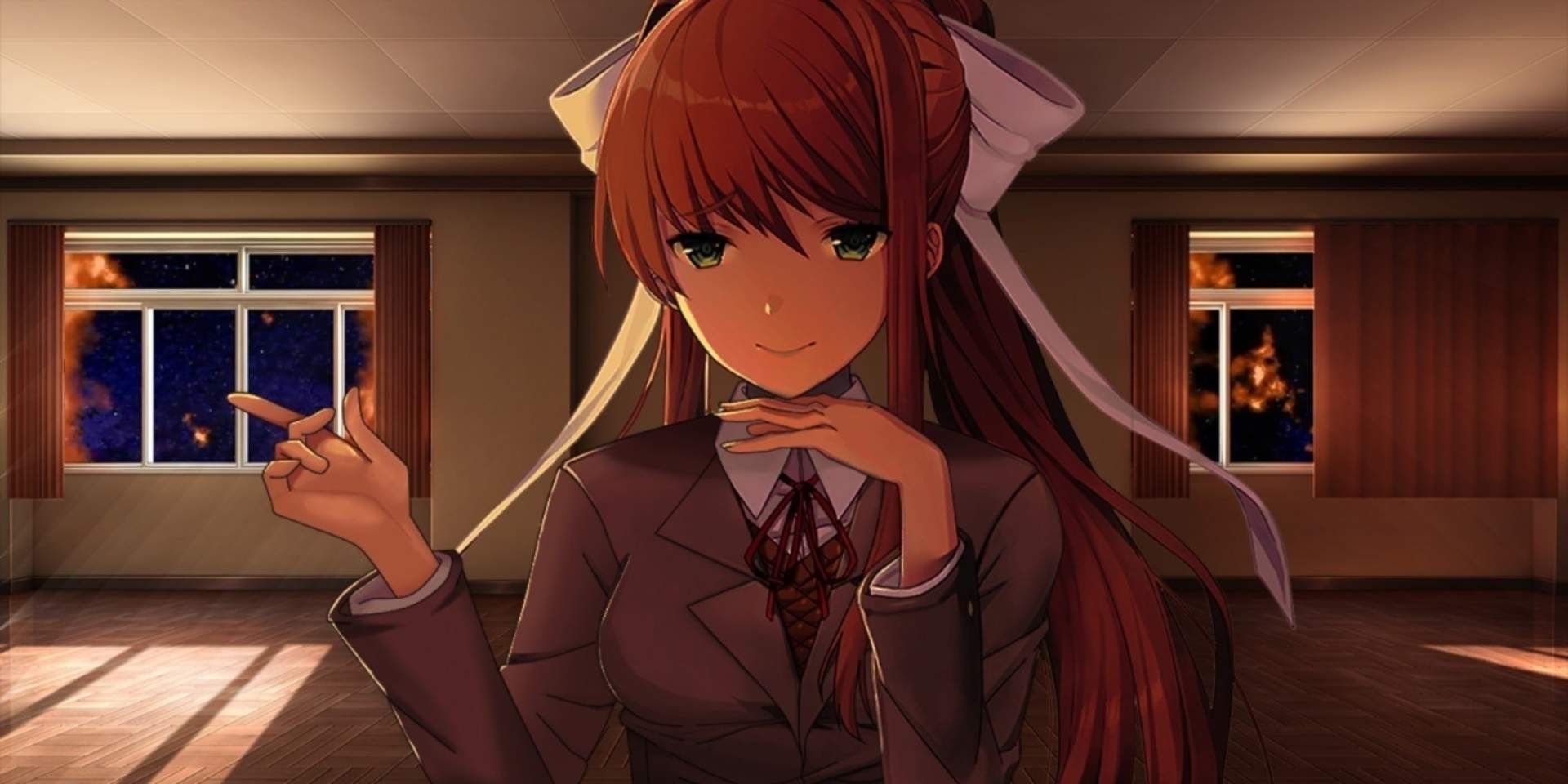 Monika talking to the player in Doki Doki Literature Club.