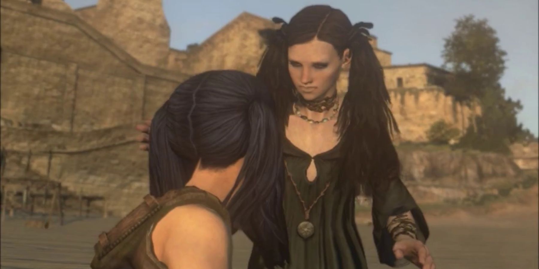 Dragon's Dogma screenshot of two characters looking at each other.