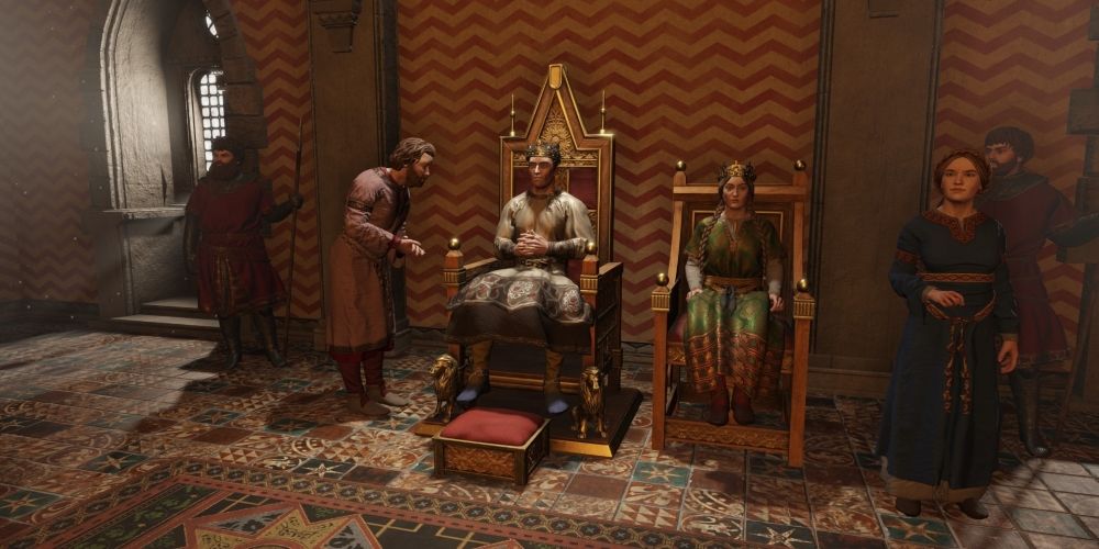 William sitting on a throne next to his queen as another character talks to him in Crusader Kings 3.