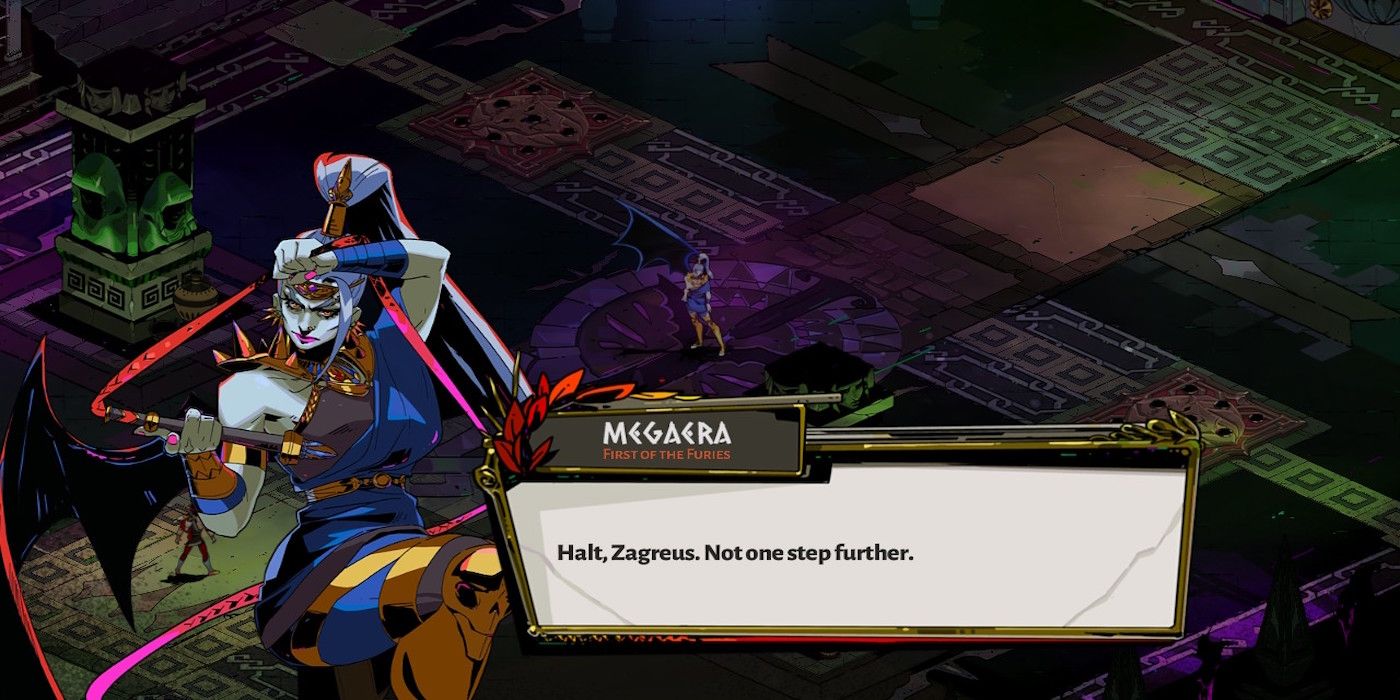 Megaera from the Hades game stopping Zagreus.