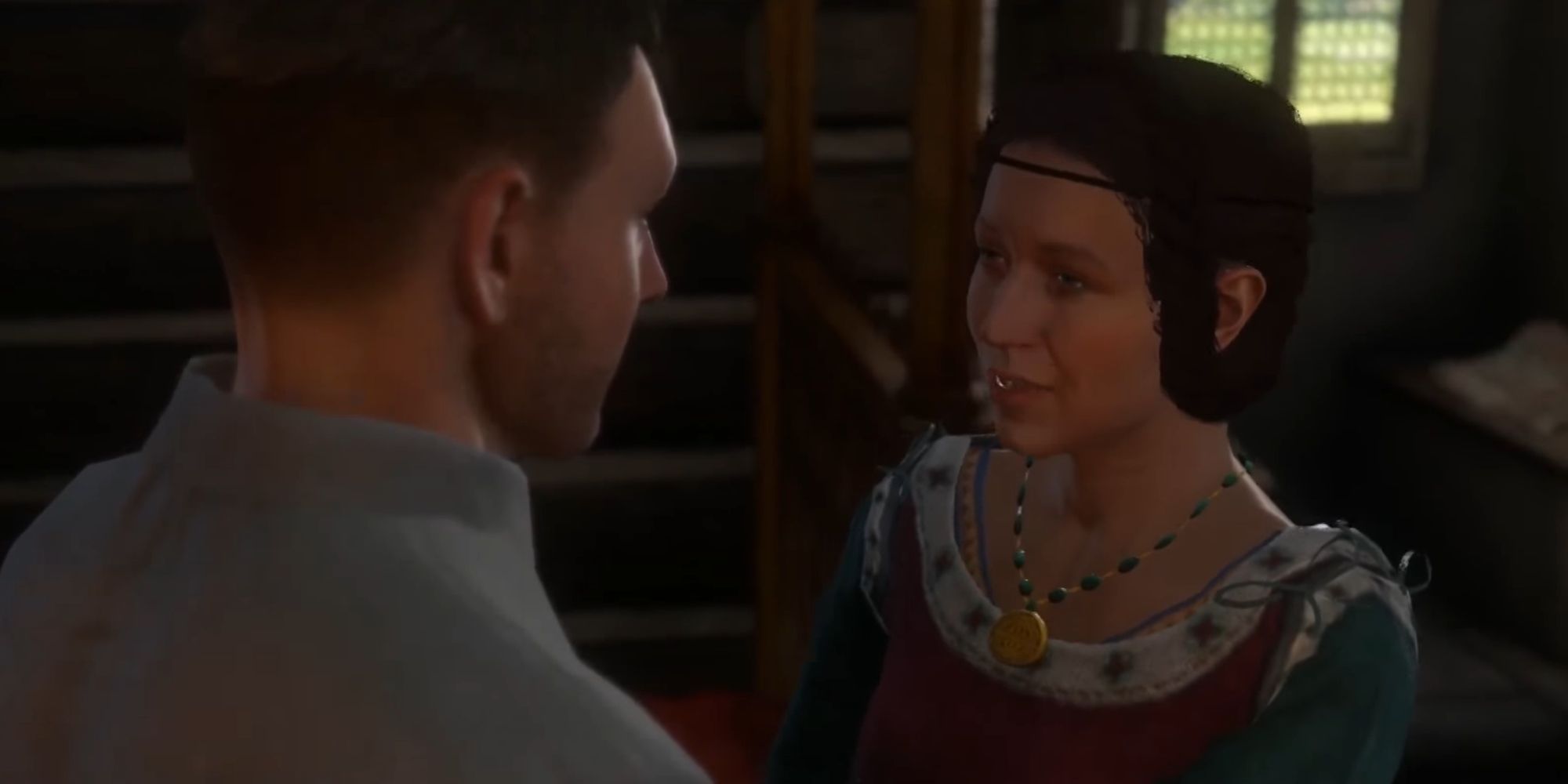 Kingdom Come Deliverance screenshot of Henry and Stephanie gazing at each other.