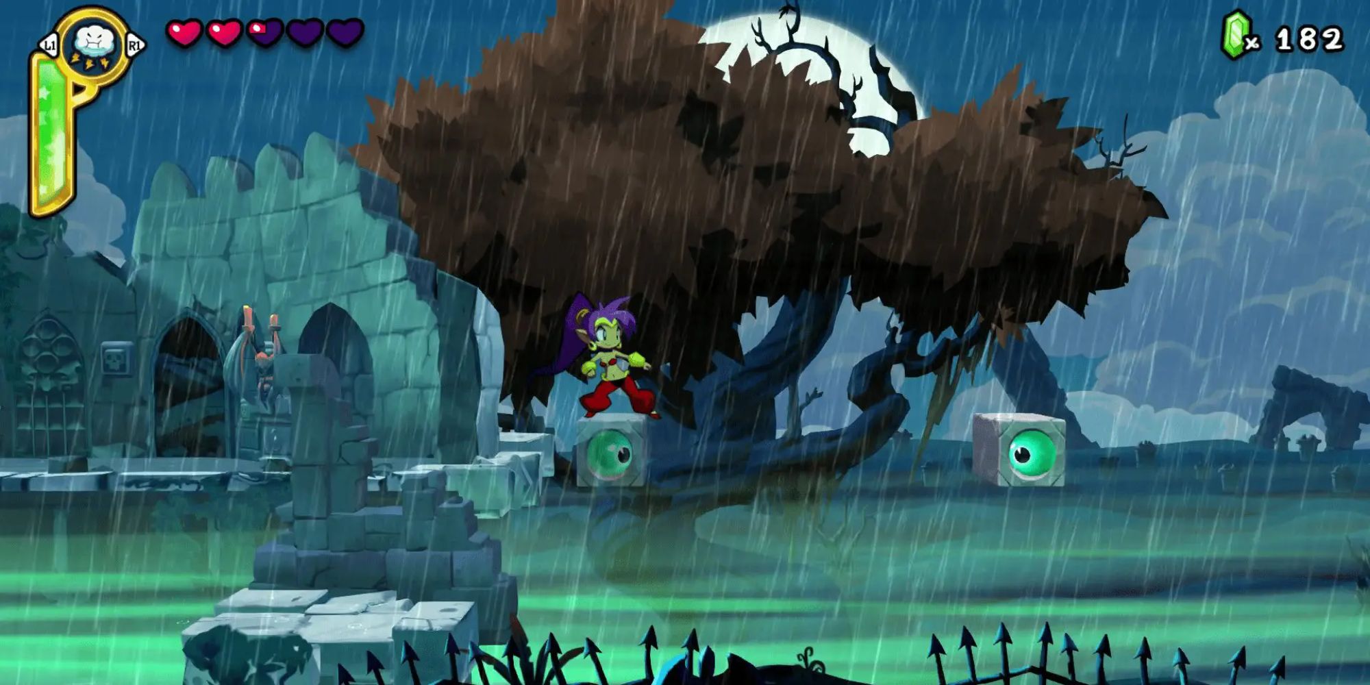 Shantae in a cemetery as it rains