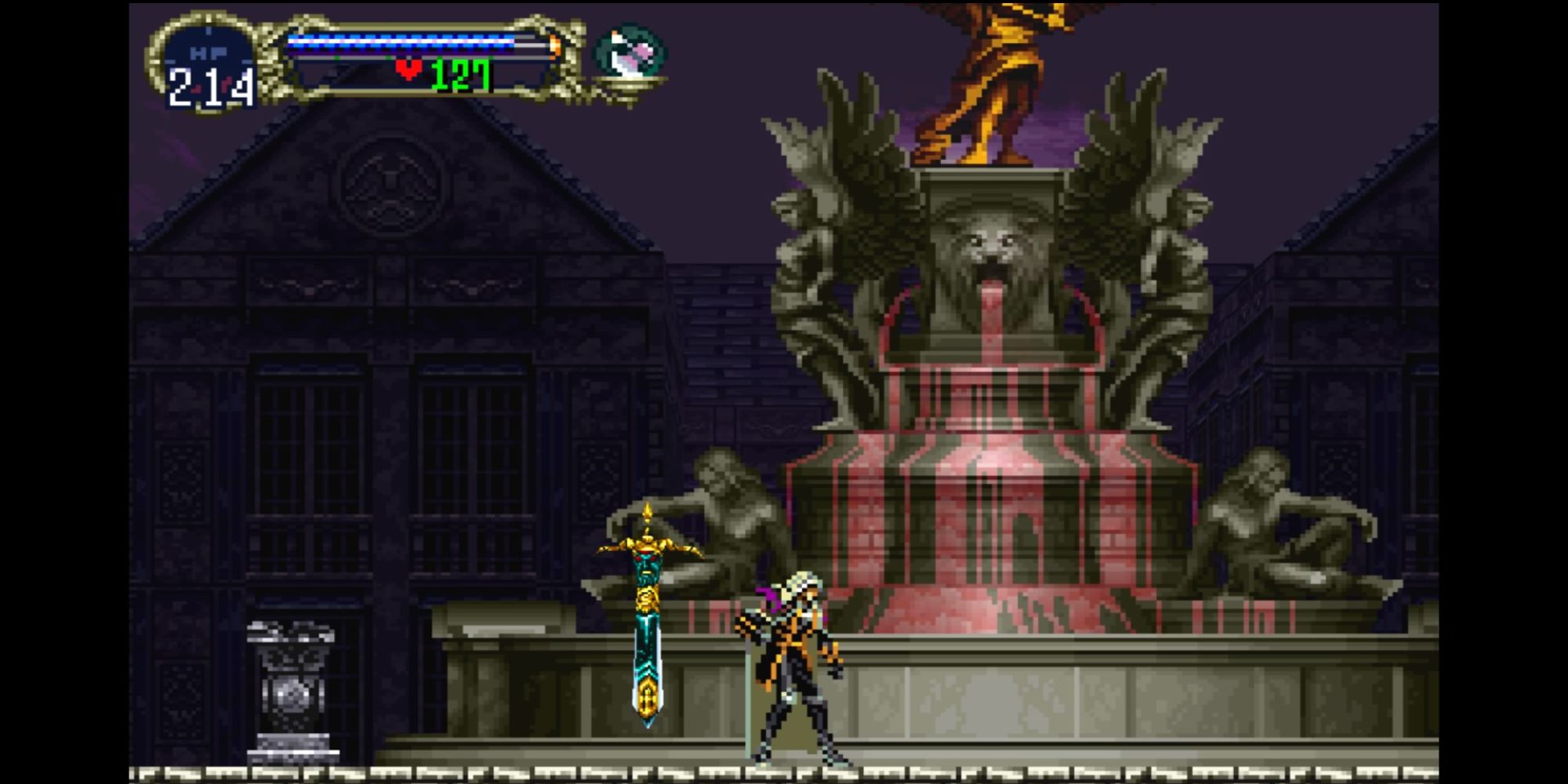 Alucard in front of a blood fountain in Castlevania