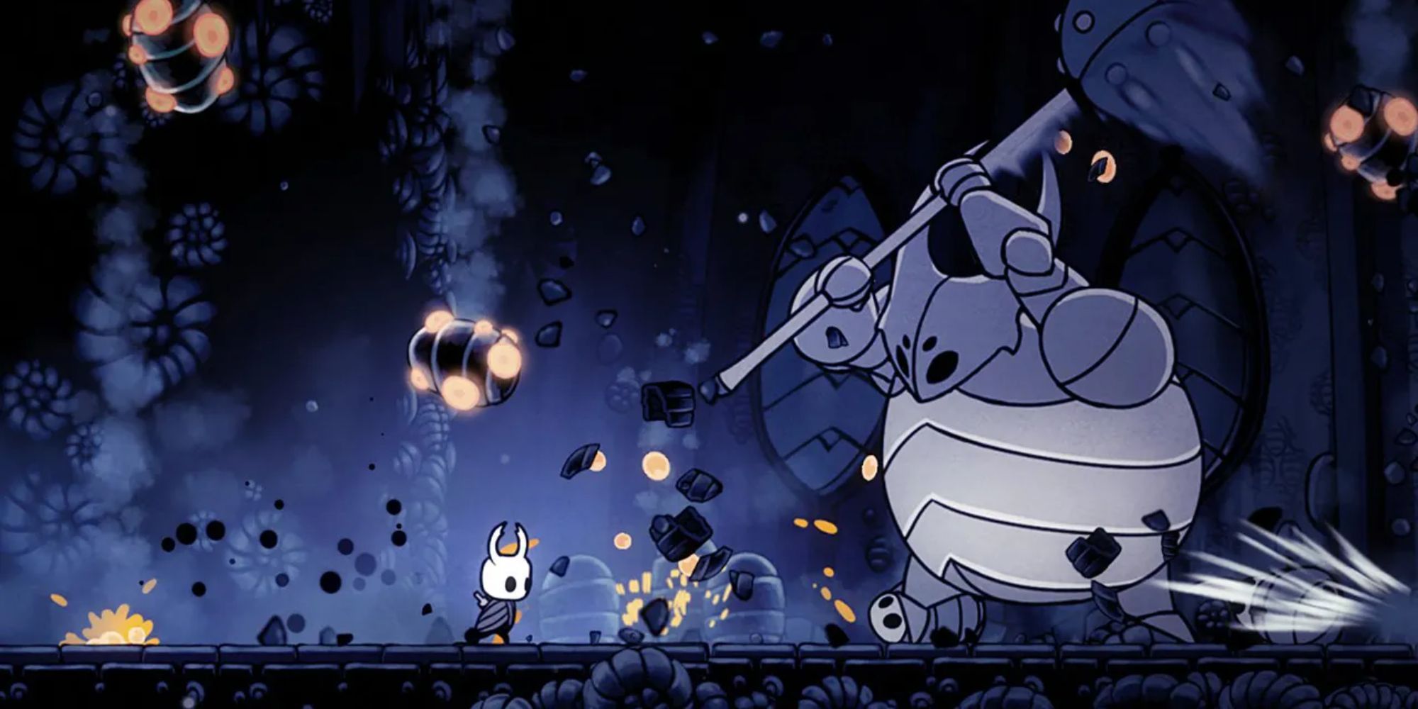 Hollow Knight facing a beetle boss