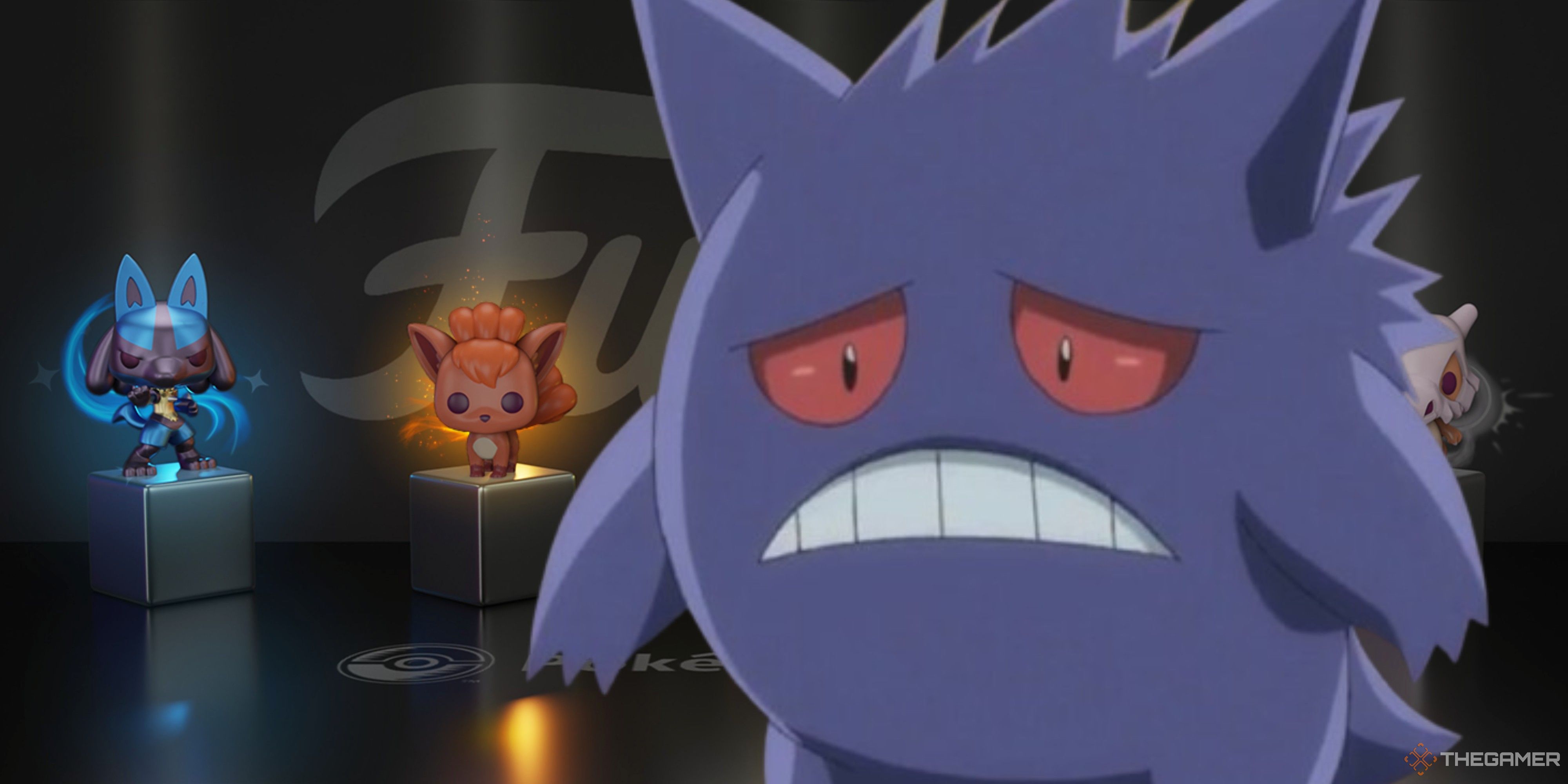 a sad gengar standing next to lucario and vulpix funko pops.