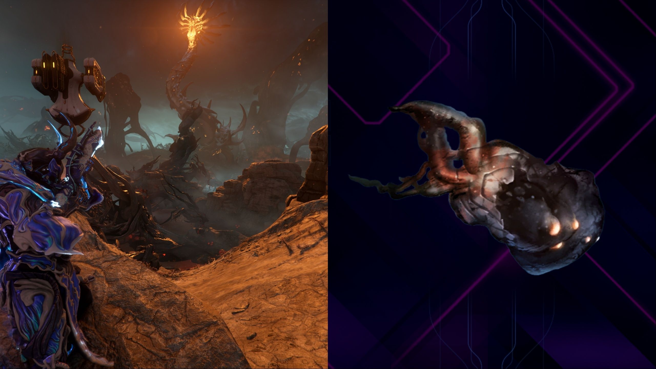 A collage of the Neurodes Menu and a Volt in Deimos in Warframe.