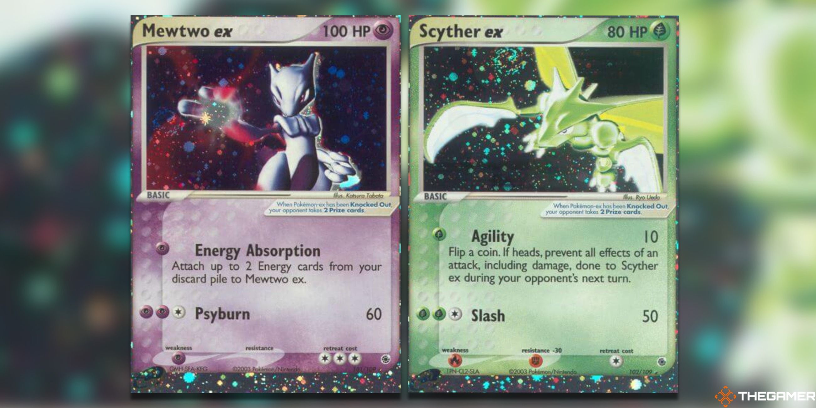 The Mewtwo ex and Scyther ex from Ruby & Sapphire in the Pokemon TCG.