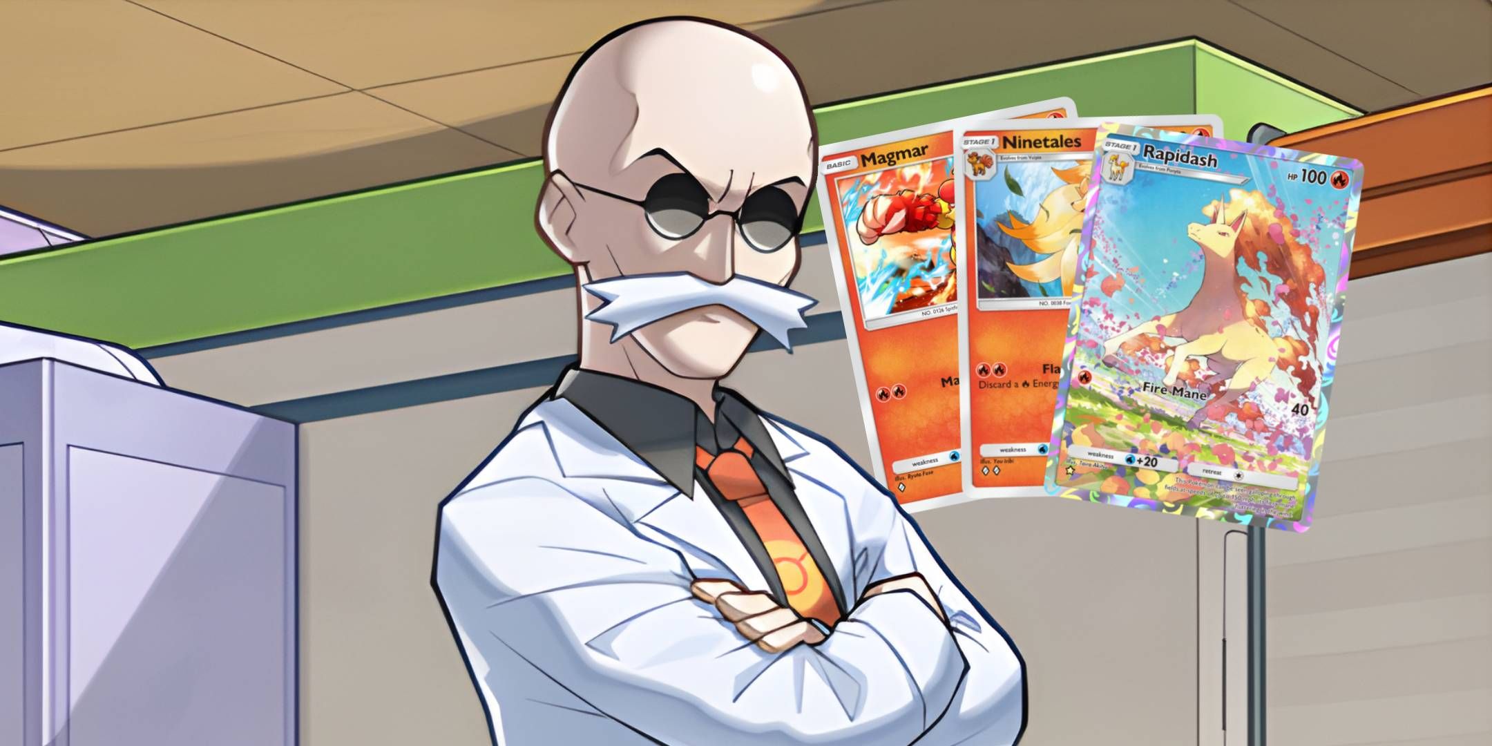 The Hot-Headed Quizmaster, Blaine, along with the Magmar, Ninetales, and Rapidash cards from his deck.