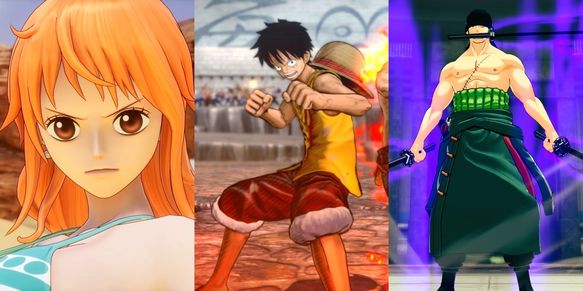 A collage of One Piece characters in various One Piece video games: Nami in Odyssey, Luffy in Burning Blood and Zoro in World Seeker.