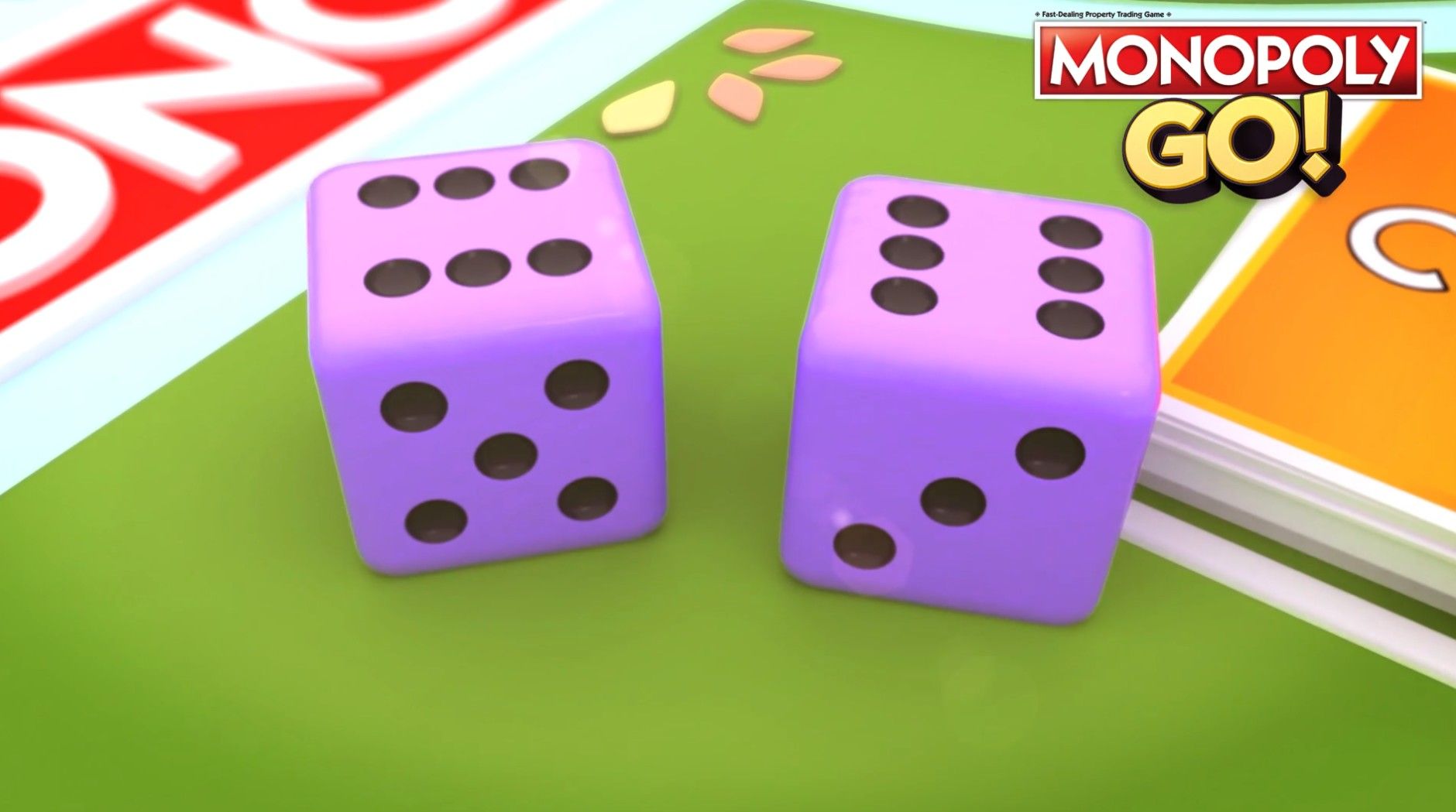 Purple dice next to the Chance cards in Monopoly Go.