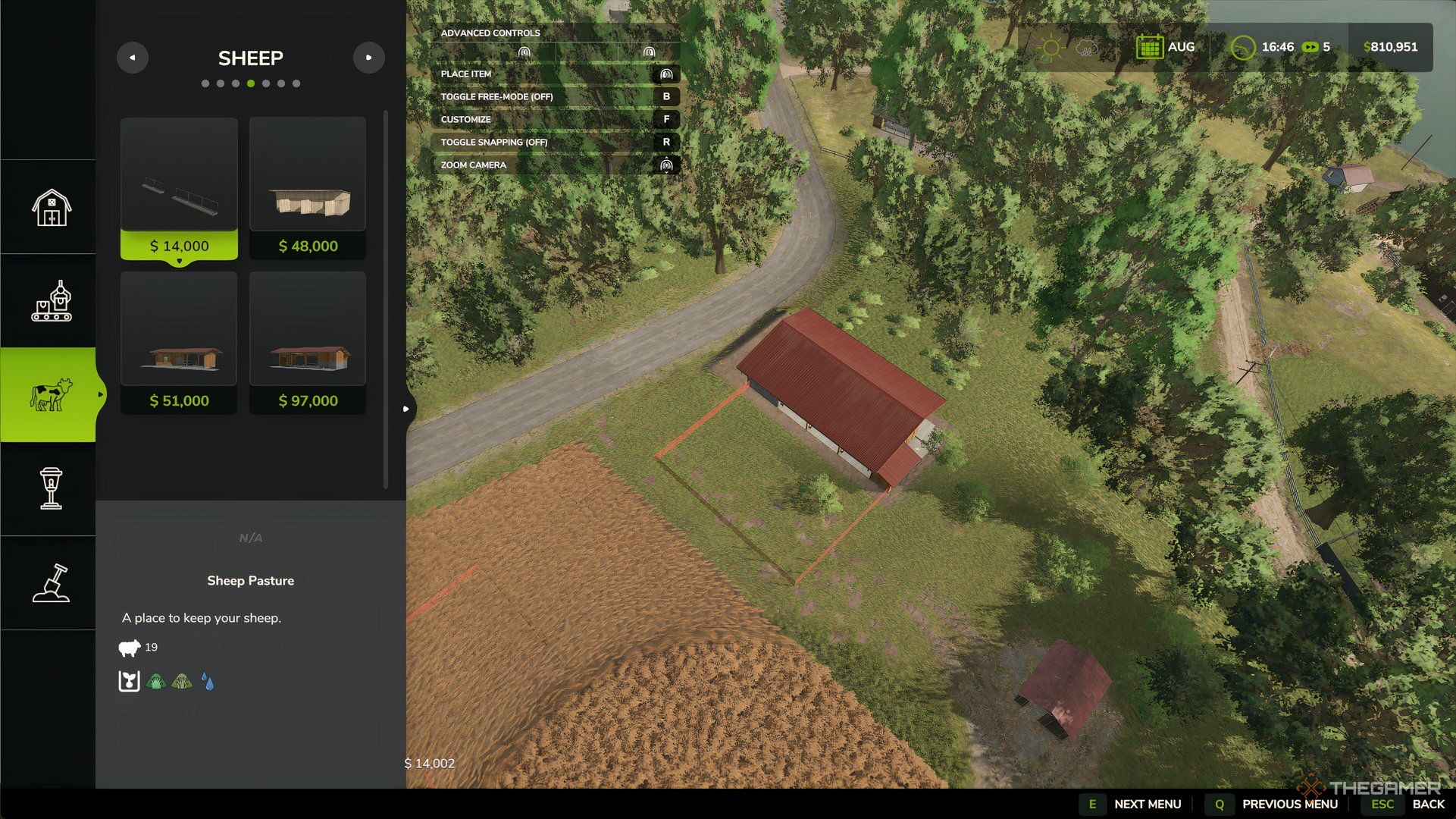 Farming Simulator 25 Build Menu showing different options for Sheep farm, which can also be used for Goat farming.