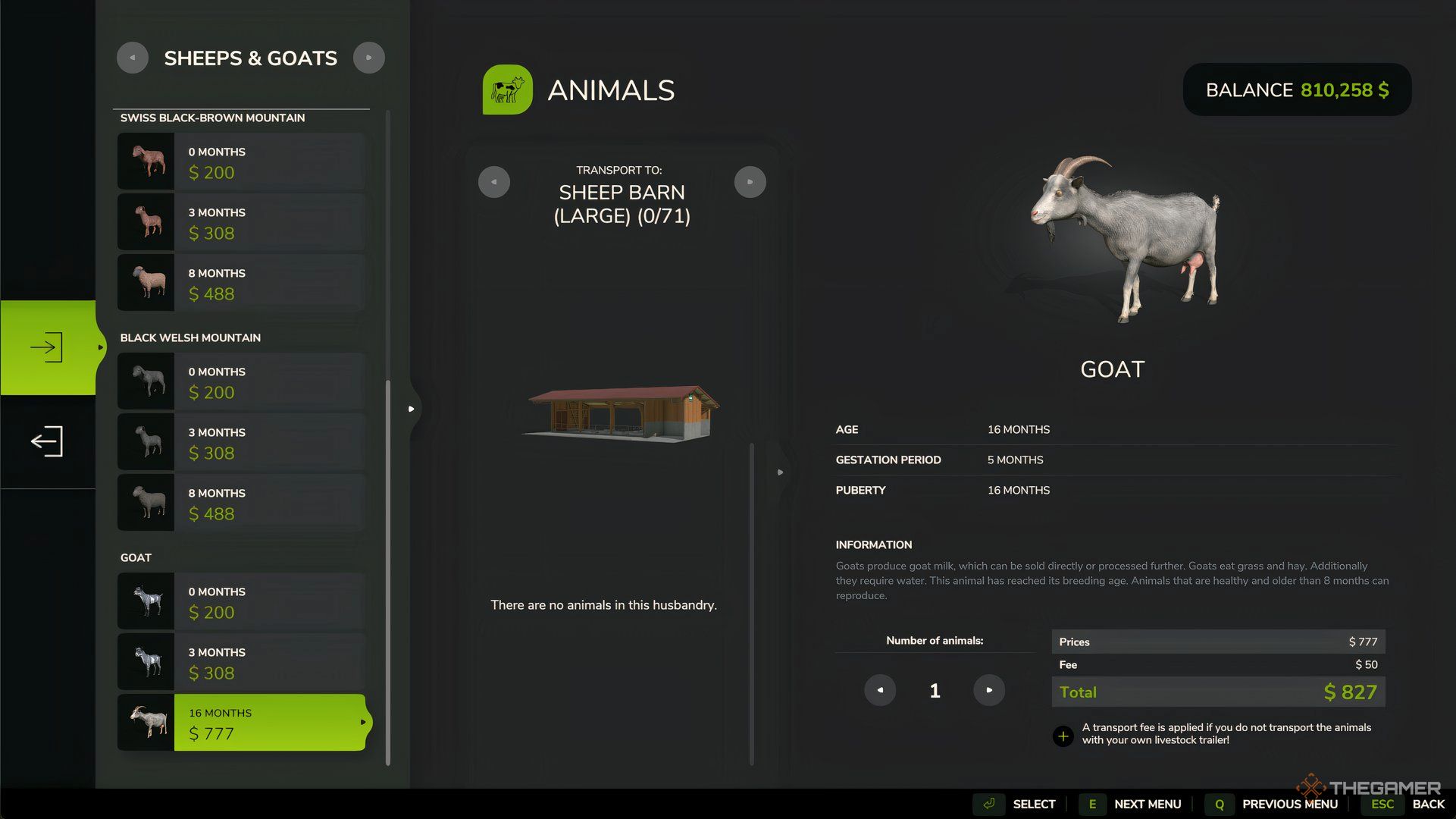 Buy menu for goats in Farming Simulator 25. There are also options for buying Sheeps too.