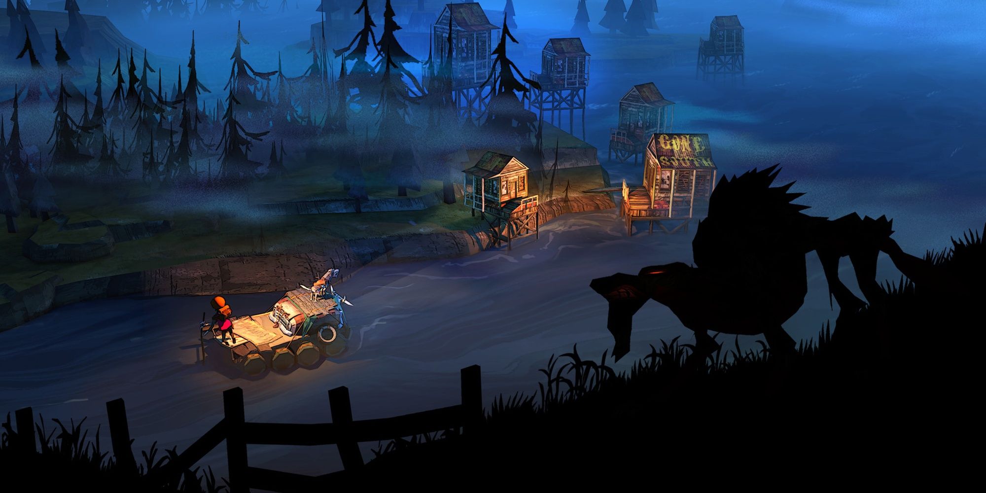 The Flame In The Flood: The rafter watched from a hillside by a dark beast.