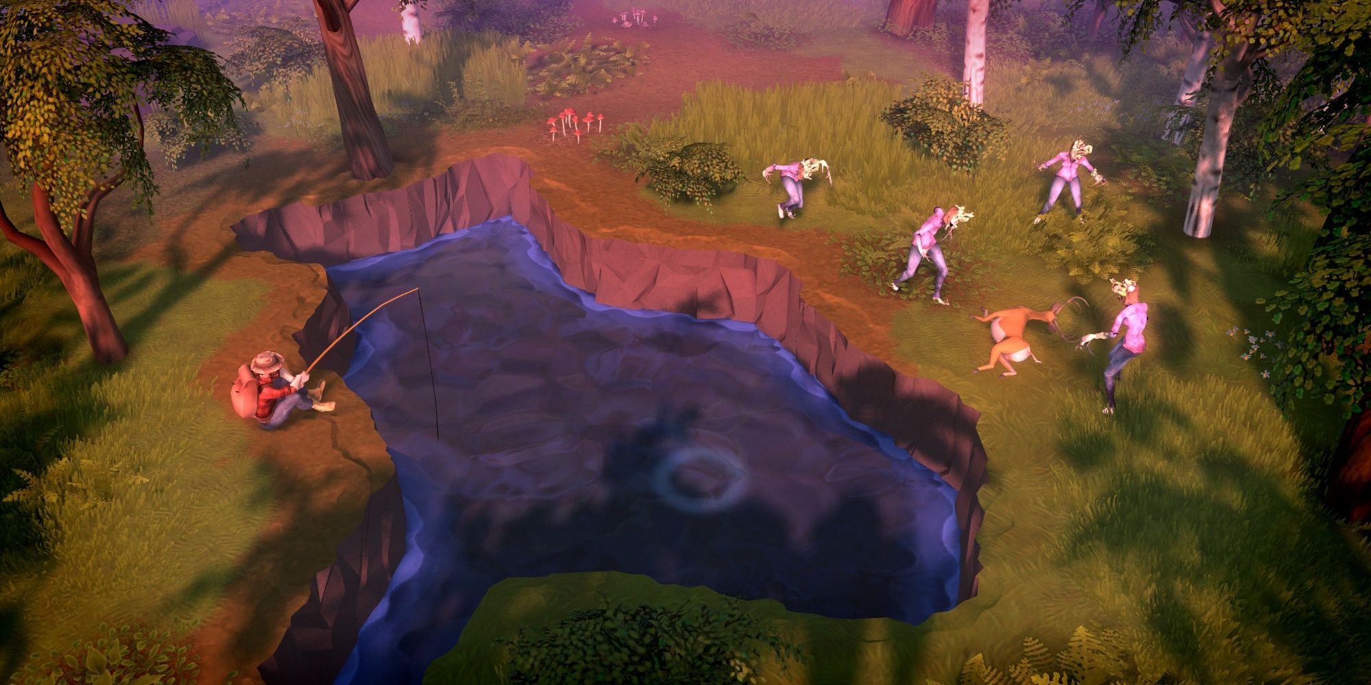 A player fishing in Dysmantle, with zombies close nearby.