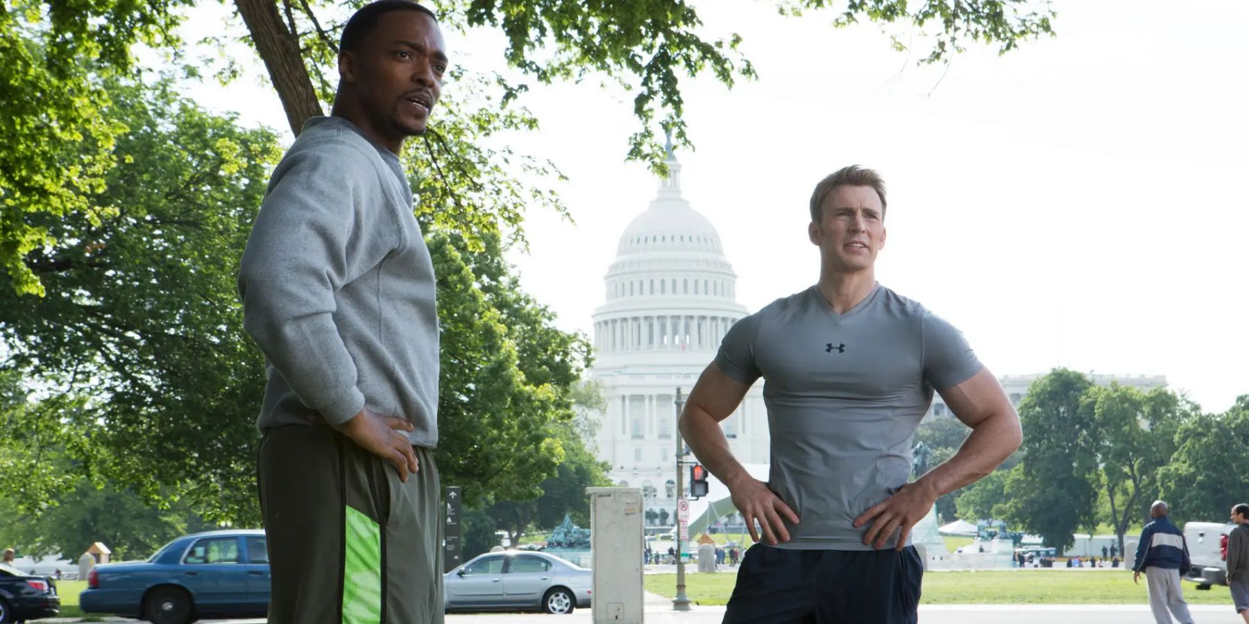 Anthony Mackie as Sam Wilson and Chris Evans as Steve Rogers in Captain America: The Winter Soldier