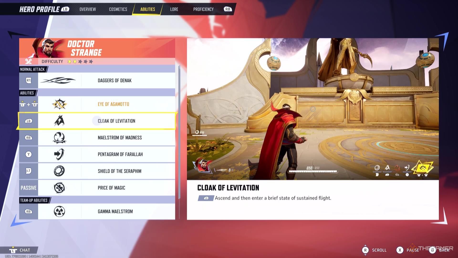 The Cloak of Levitation description for Doctor Strange in Marvel Rivals.