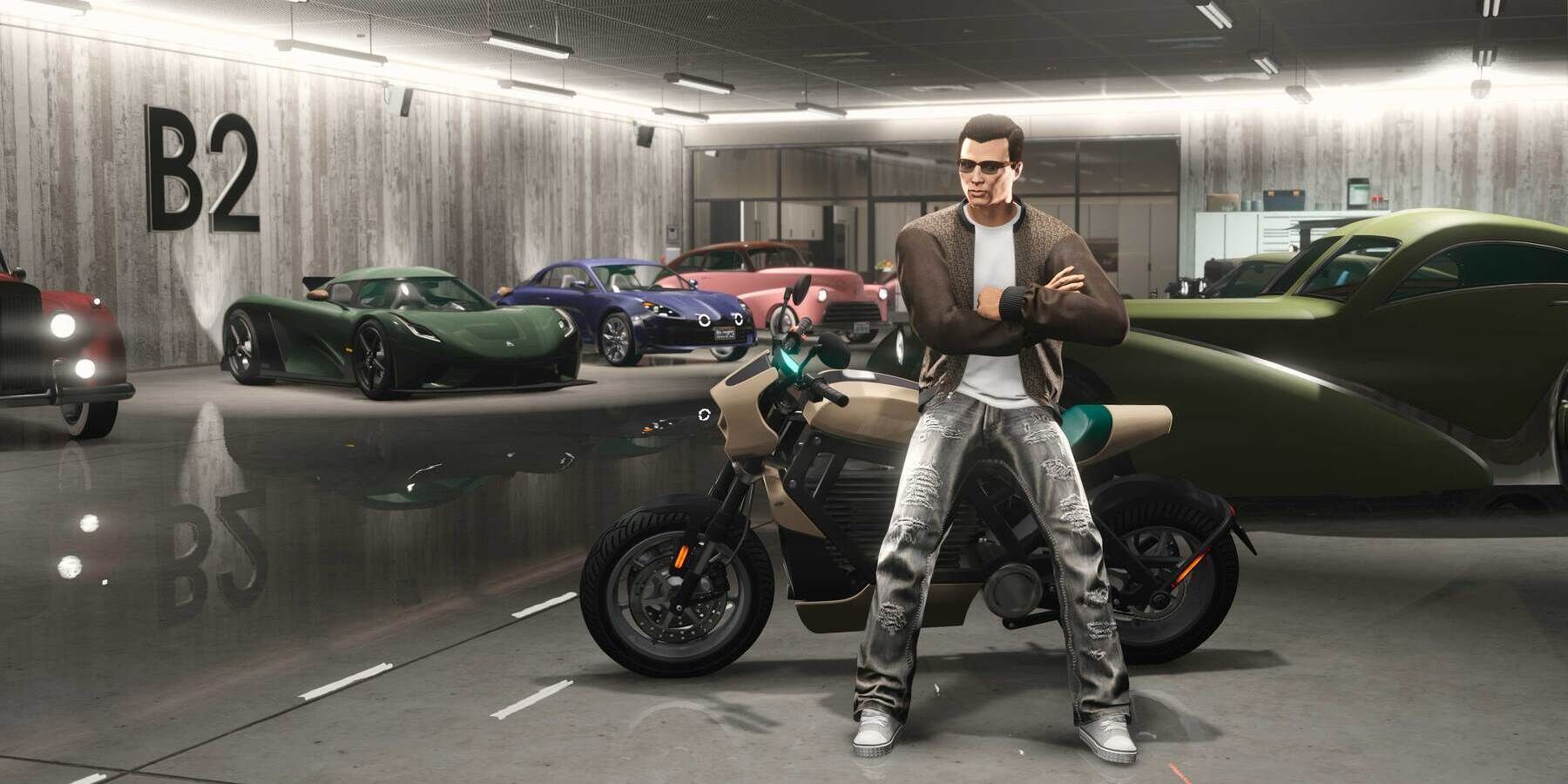 gta online character in a garage with a motorcycle and sports cars