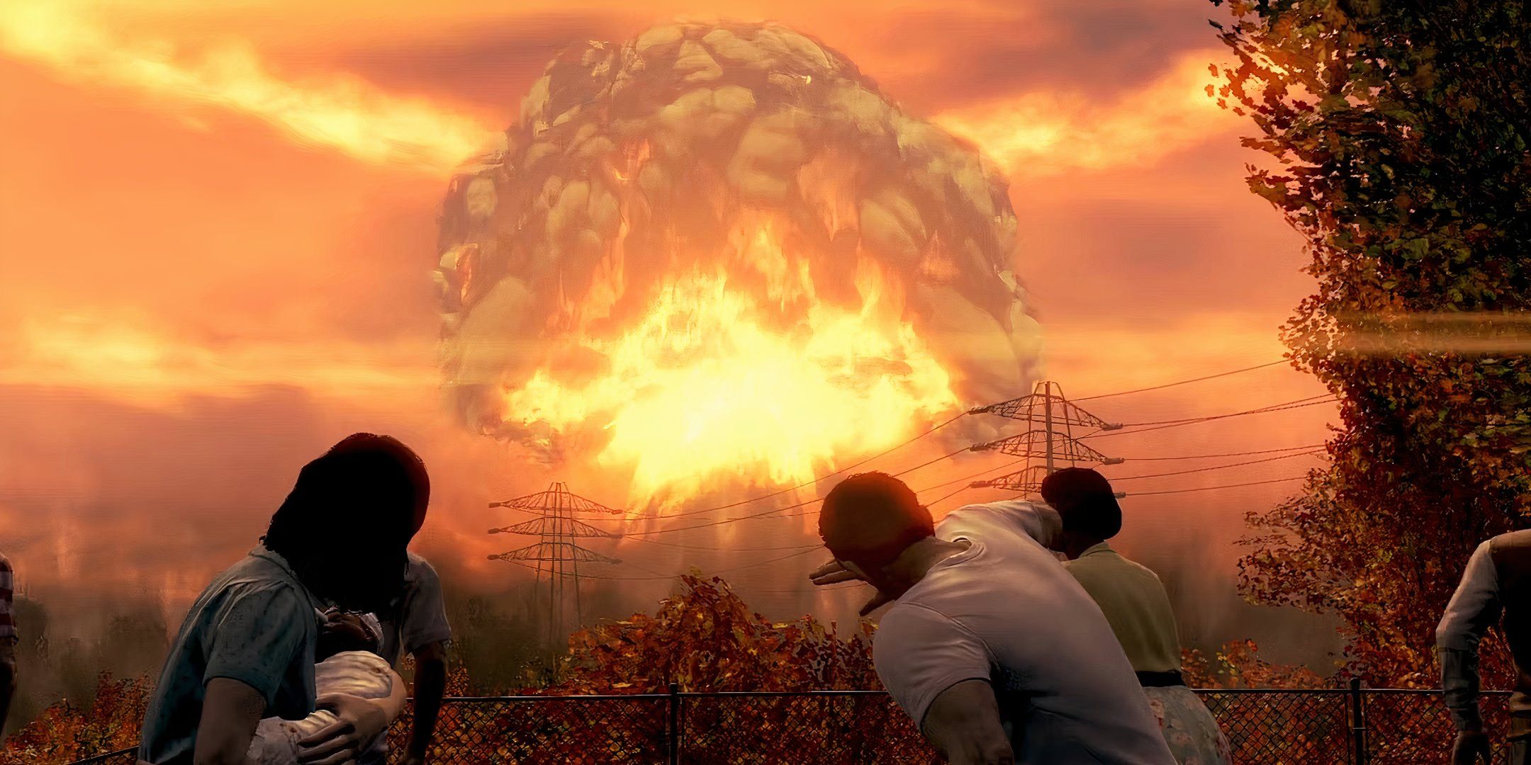 Various figures watching a mushroom cloud in the distance from Fallout 4 opening.