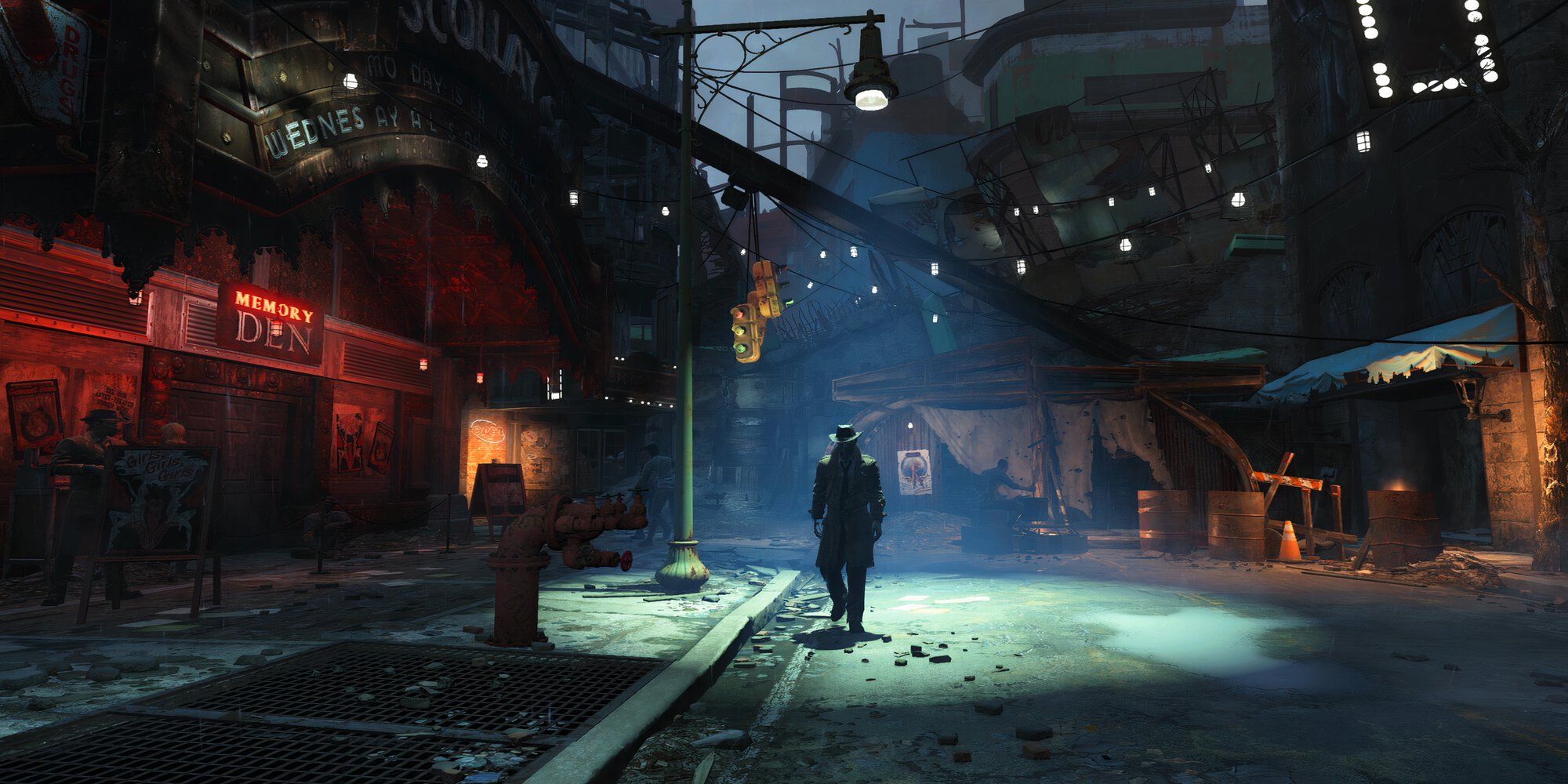 A lone figure walking down a dark street by streetlight in Fallout 4.