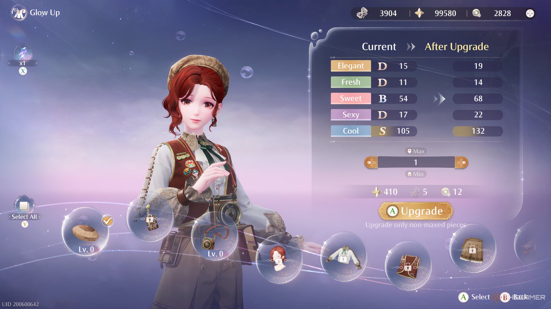 The outfit upgrade menu is shown in Glow Up in Infinity Nikki.