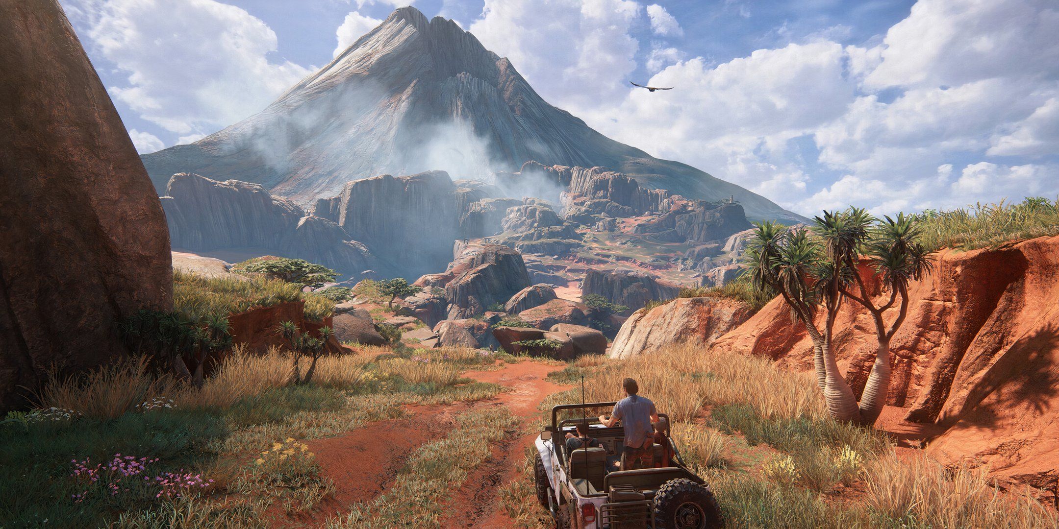 Jeep driving in front of a mountain in Africa in Uncharted 4. 