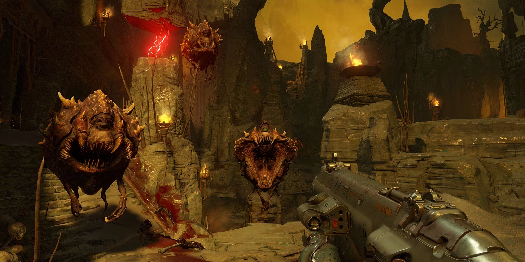 Cacodemons that are about to attack in Doom 2016.