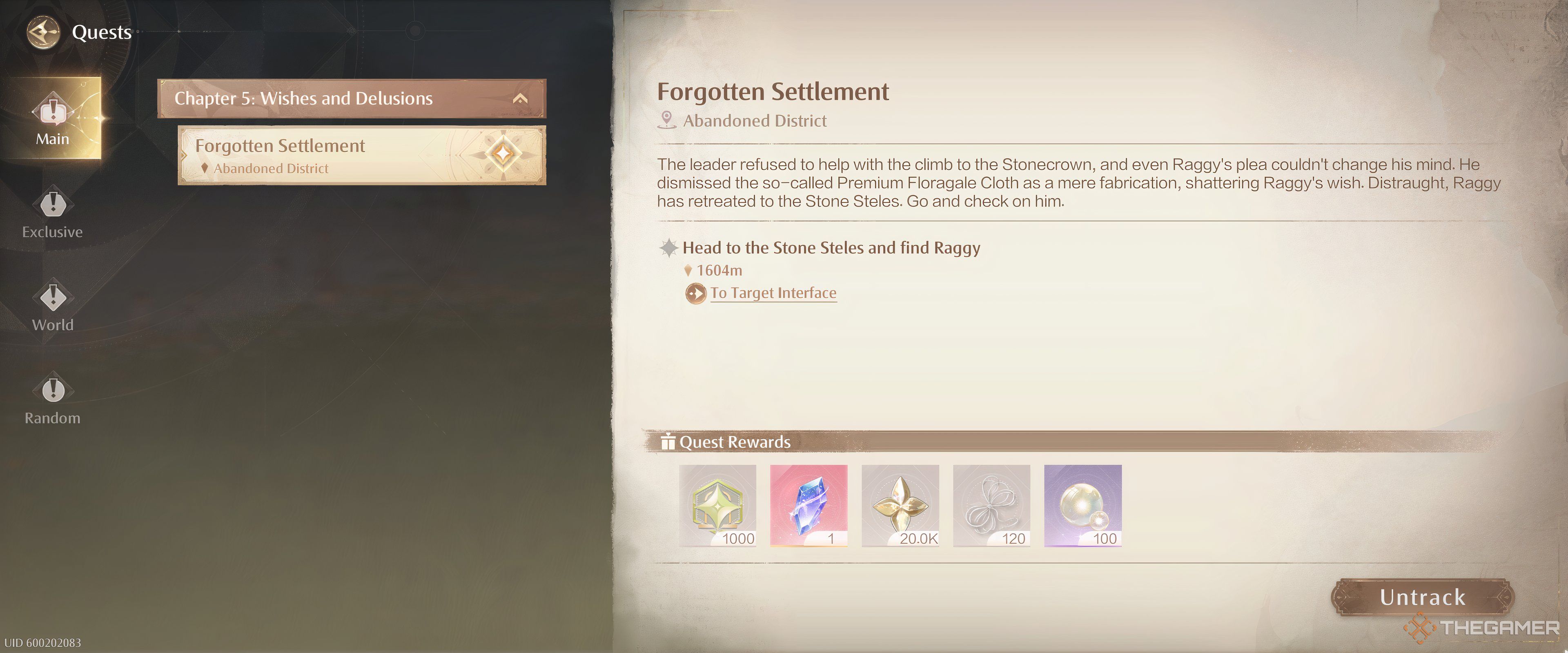 The quest screen in Infinity Nikki.