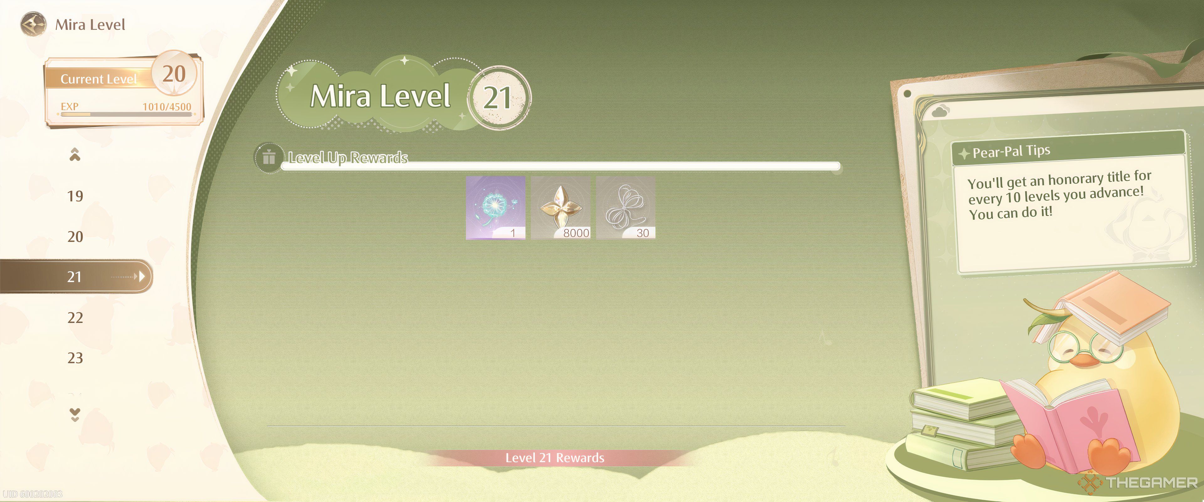 Mira Level reward screen in Infinity Nikki.