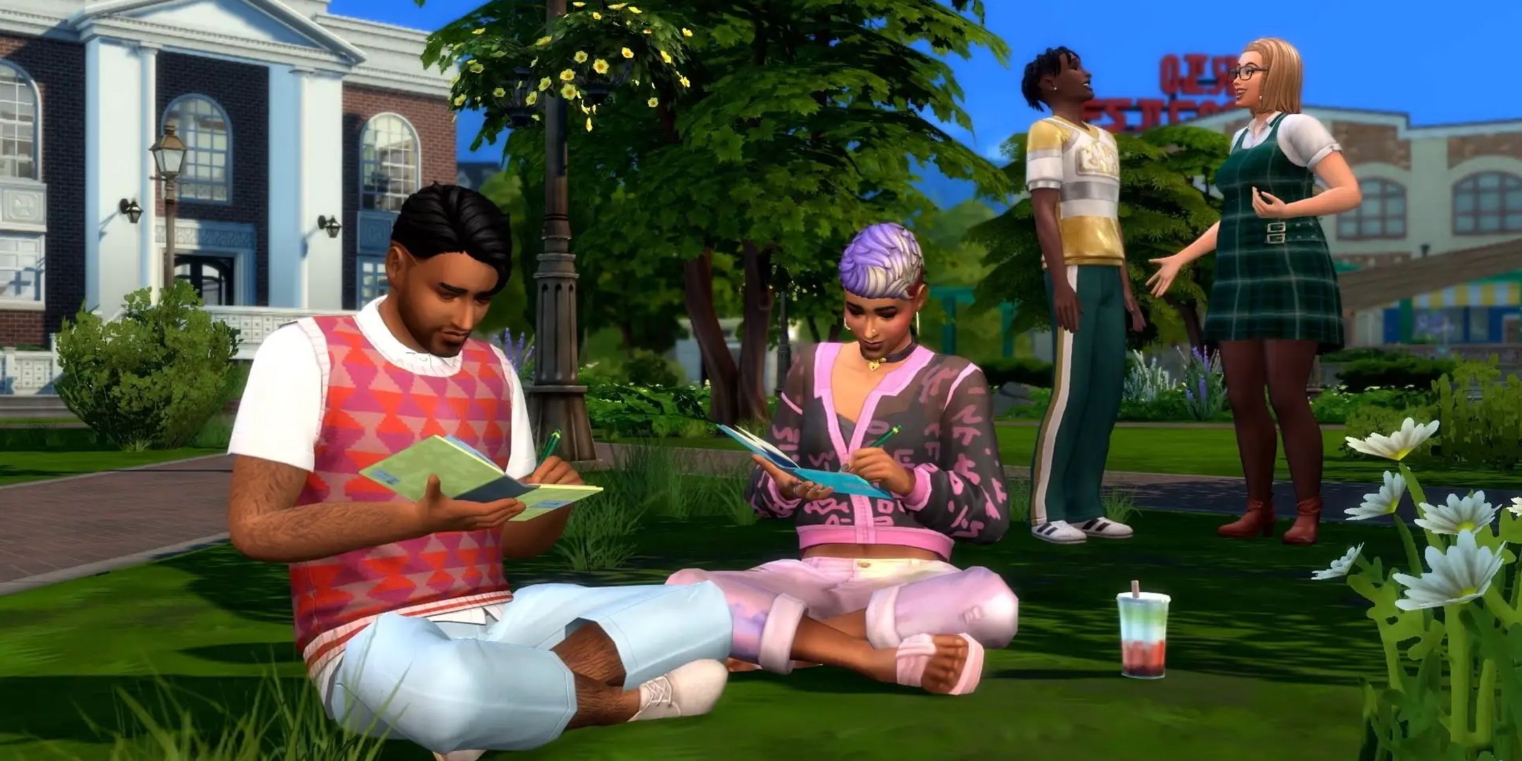 Teenage Sims reading outside