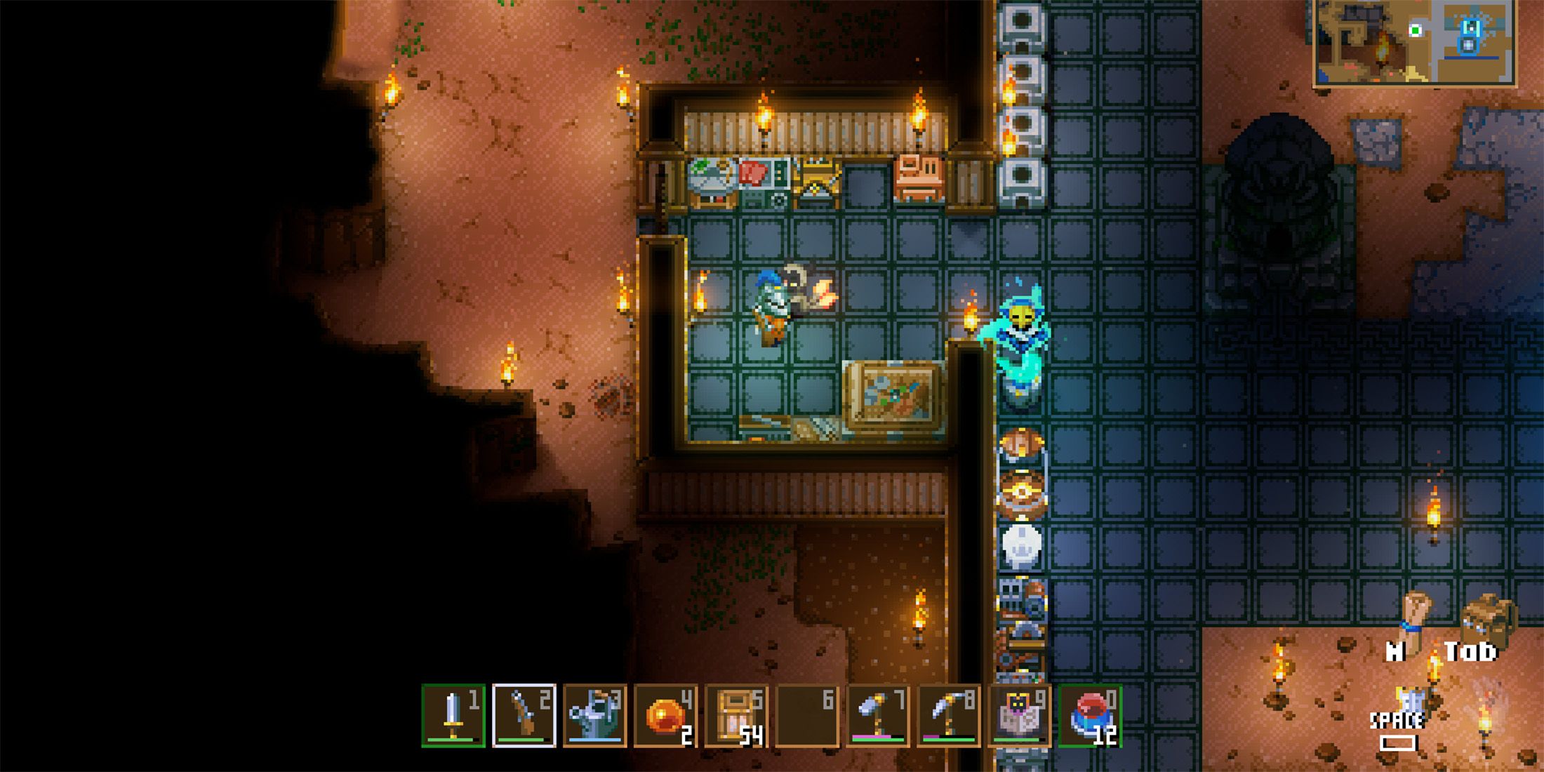 The player standing in an organized base in Core Keeper