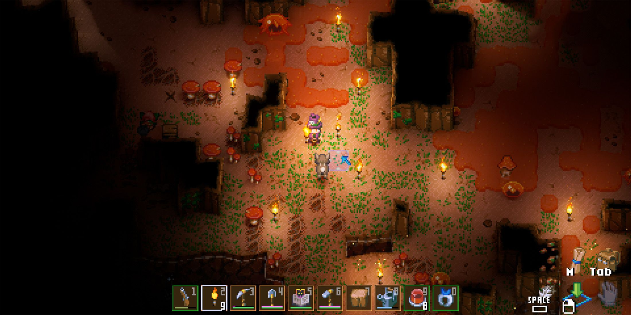 player in a well lit area of core keeper with a lot of torches