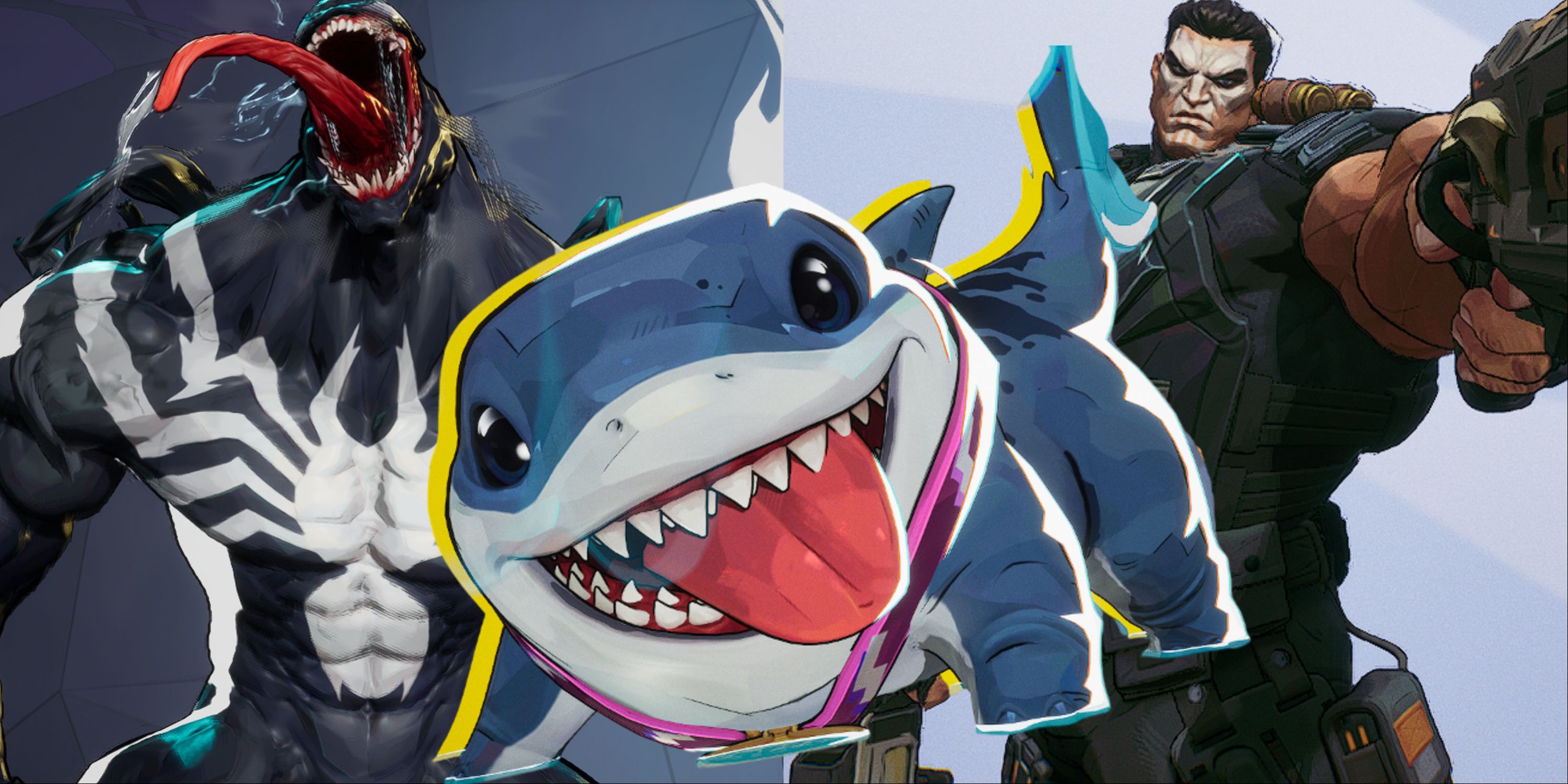 Split image of Venom, Jeff The Shark, and Punisher in Marvel Rivals