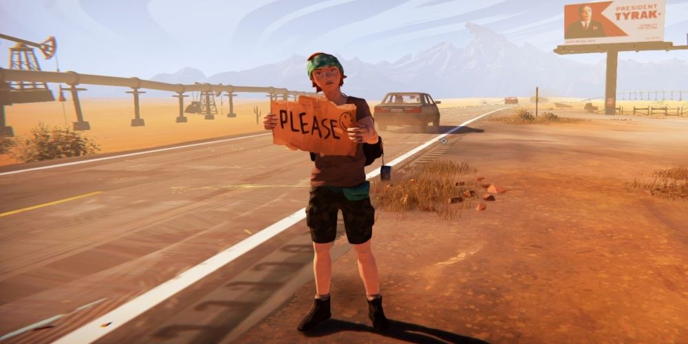 Road 96 screenshot of person holding a sign with "please" written on it.