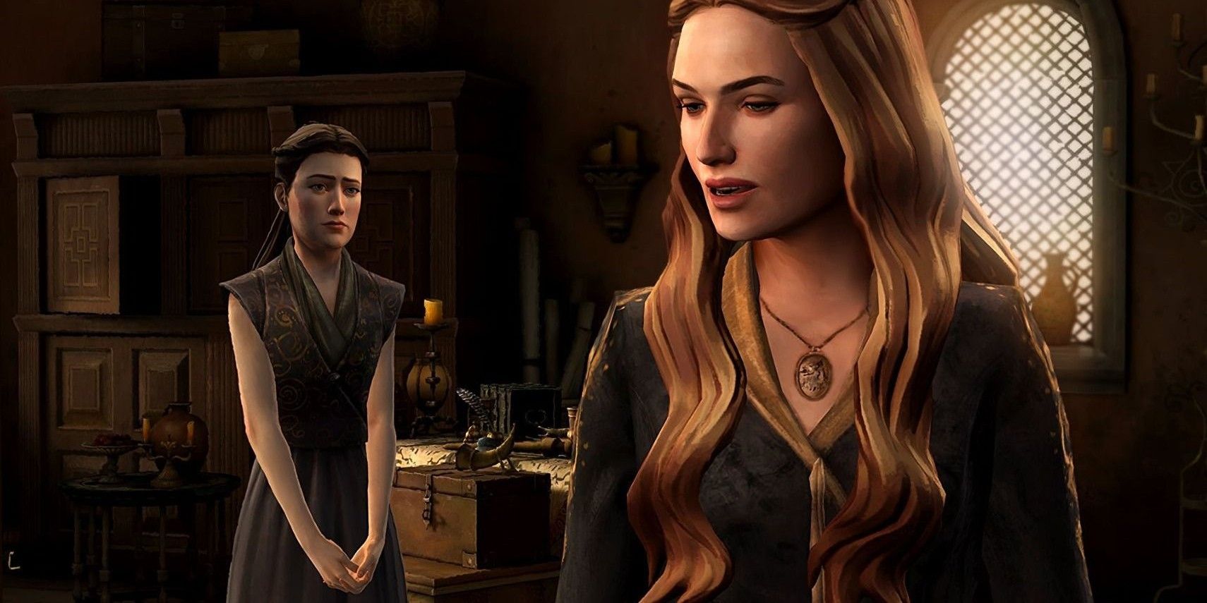 Telltales Game Of Thrones screenshot of Mira Forrester and Cersei Lannister.