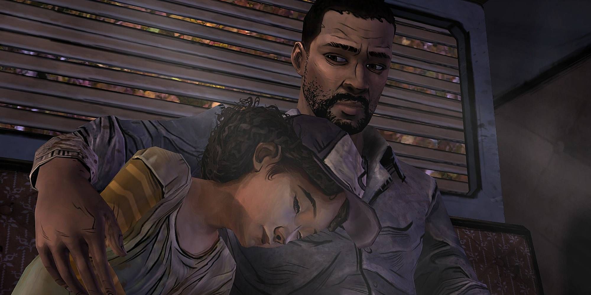 Lee sits in a vehicle and comforts Clementine who lays next to him in Telltale's The Walking Dead.