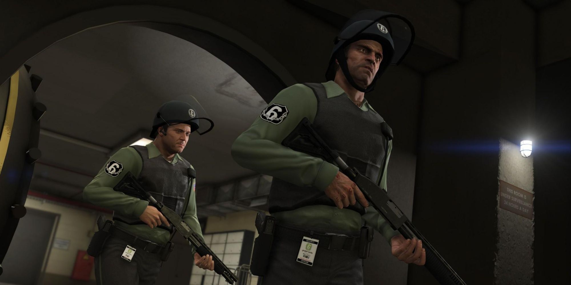 Grand Theft Auto 5 screenshot of Michael and Trevor dressed as guards in The Big Score mission.