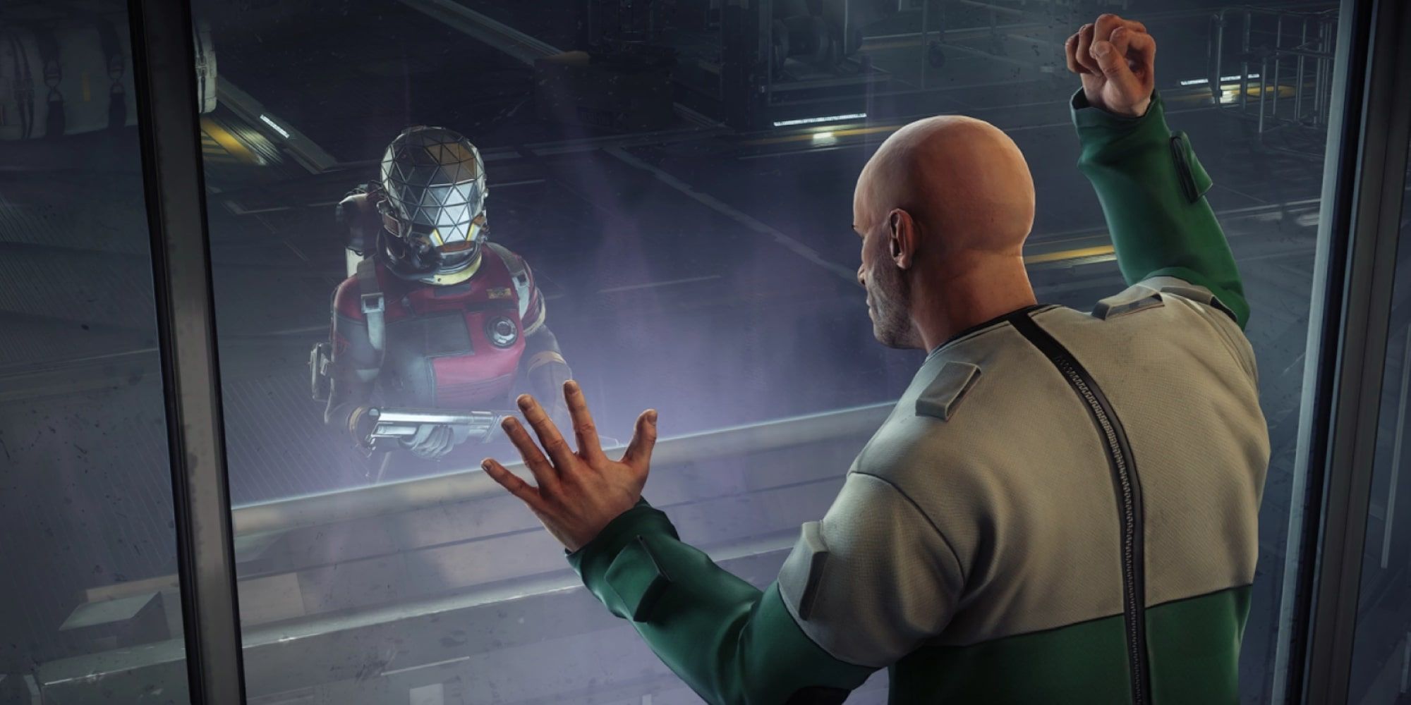 Prey screenshot of Aaron Ingram begging for Morgan Yu's help through glass.