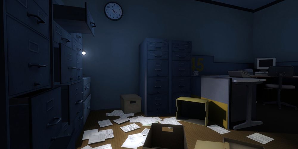 The Stanley Parable player standing in a dark office room.