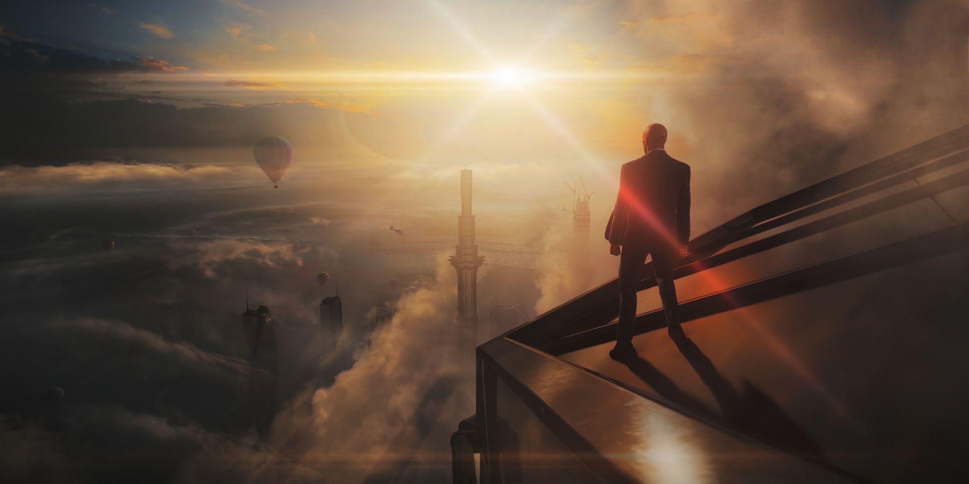 Hitman 3 screenshot of Agent 47 on a rooftop looking at the clouds.