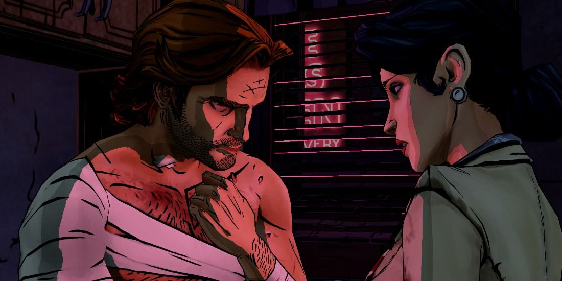 The Protagonist from Wolf Among Us recovering in bandages from an injury, speaking to Snow White.