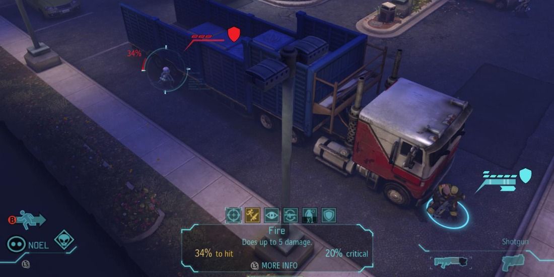 The player flanking an alien opponent using a truck.