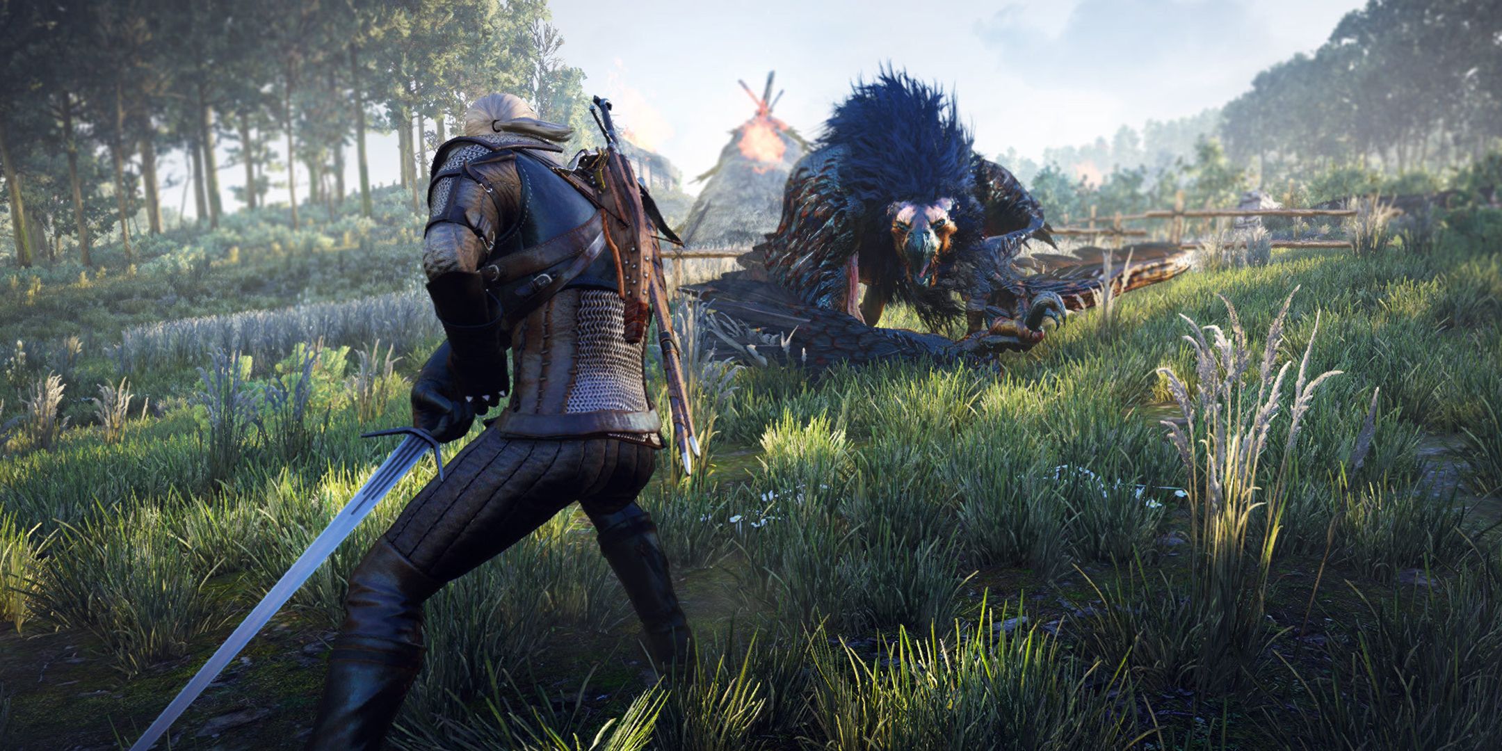 geralt facing down a cockatrice in a grassy area in Witcher 3.