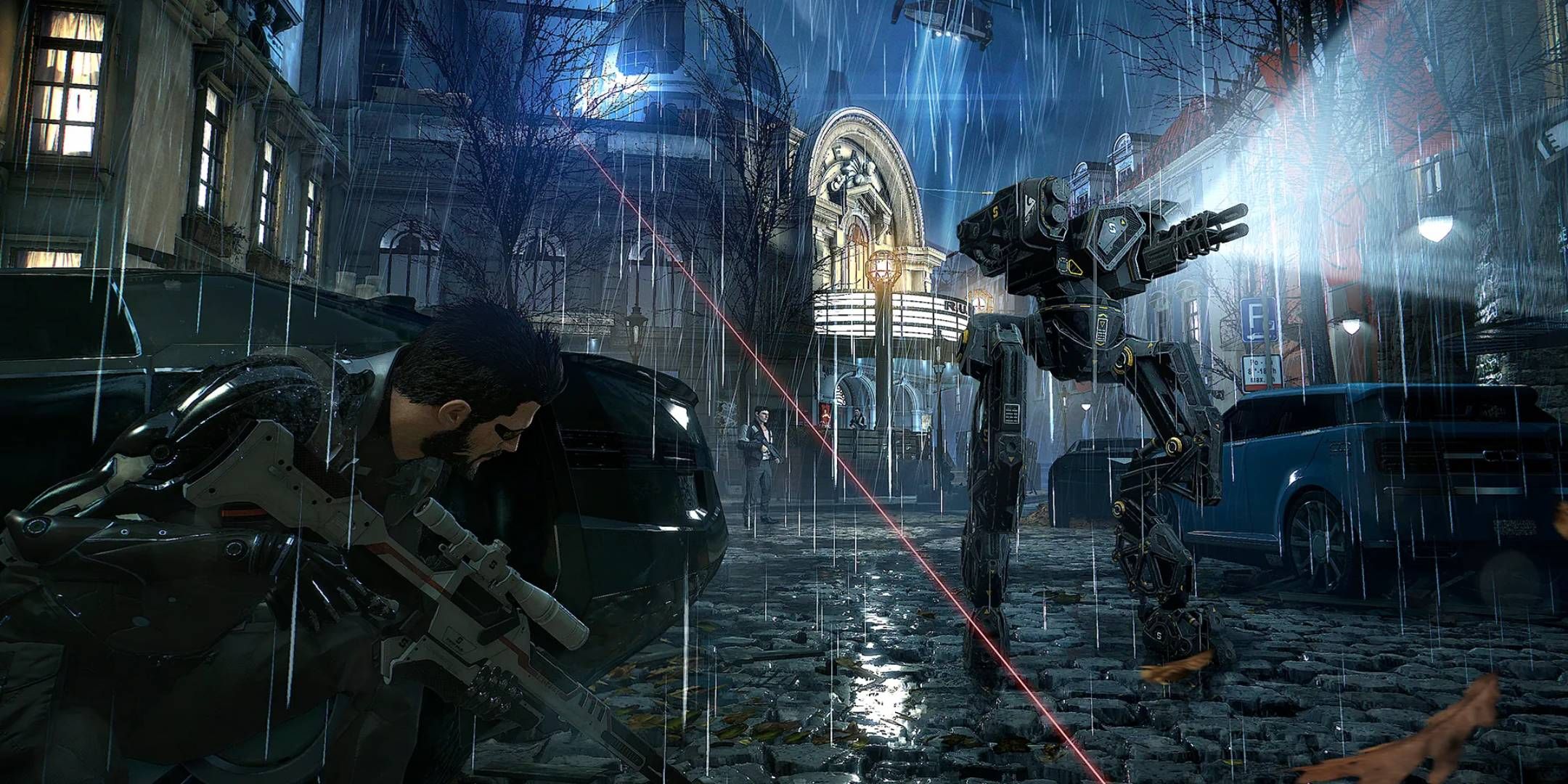 Adam Jensen sneaking by a robot in Prague in Deus Ex: Mankind Divided.