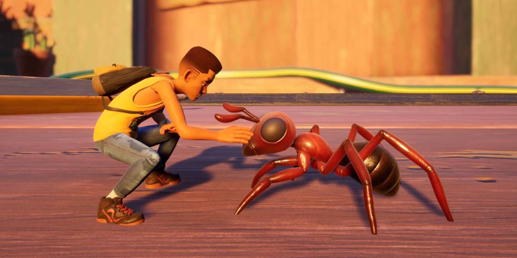 Grounded screenshot of player petting an ant pet.