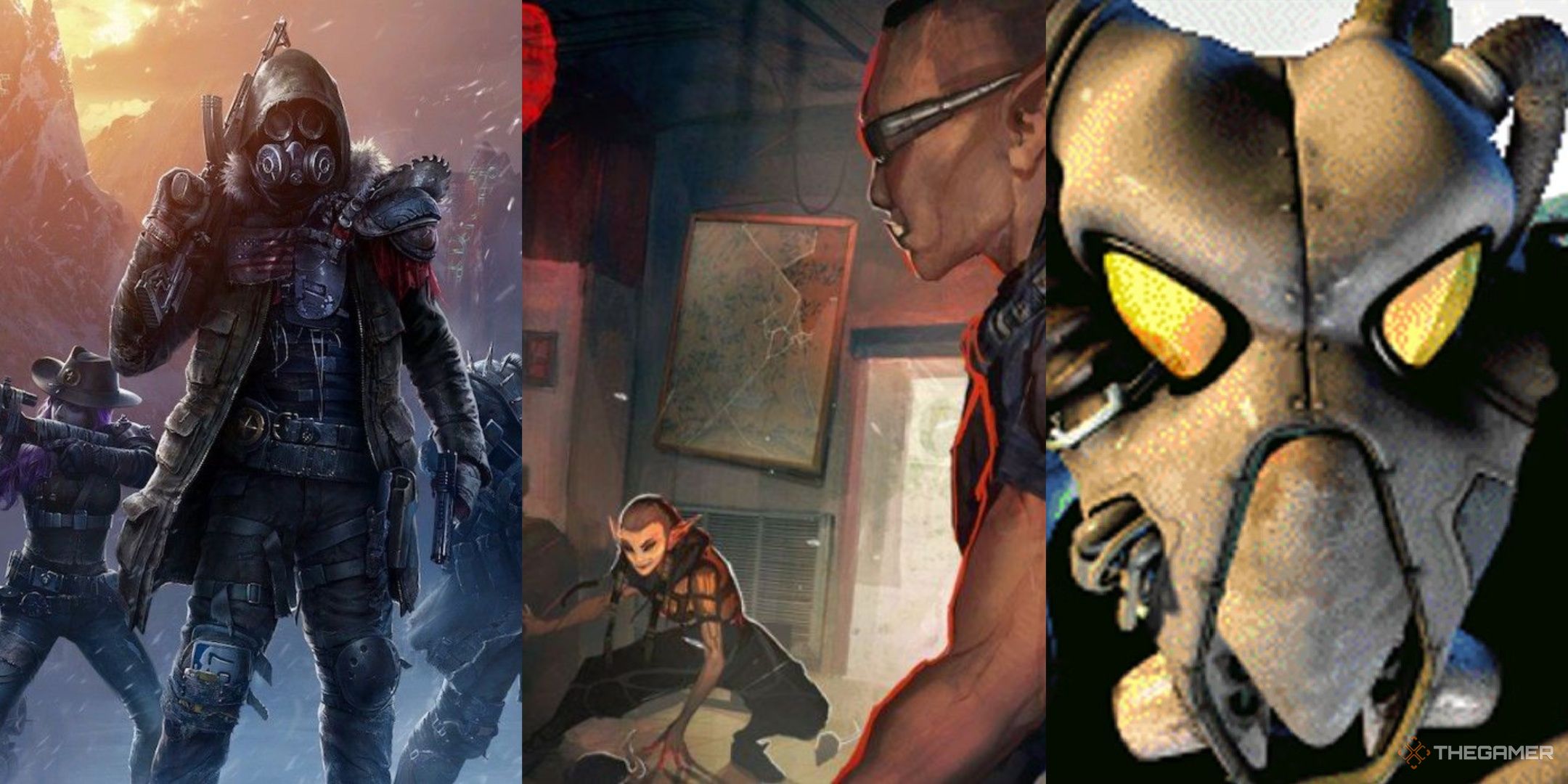 Cover art for Wasteland 3, Shadowrun: Hong Kong, and Fallout 2.