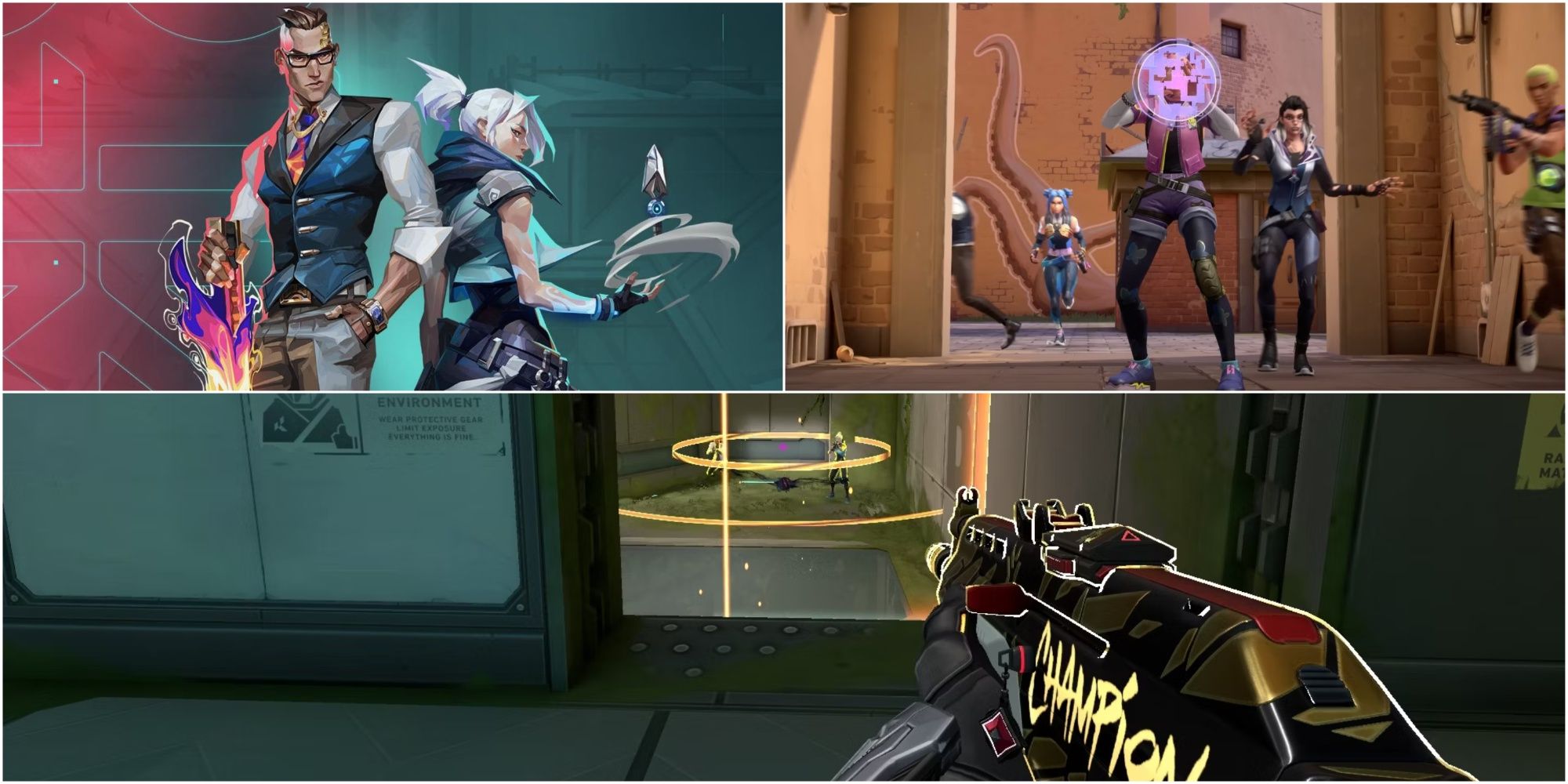 A collage image of different Valorant agents, and the Champions Vandal Skin