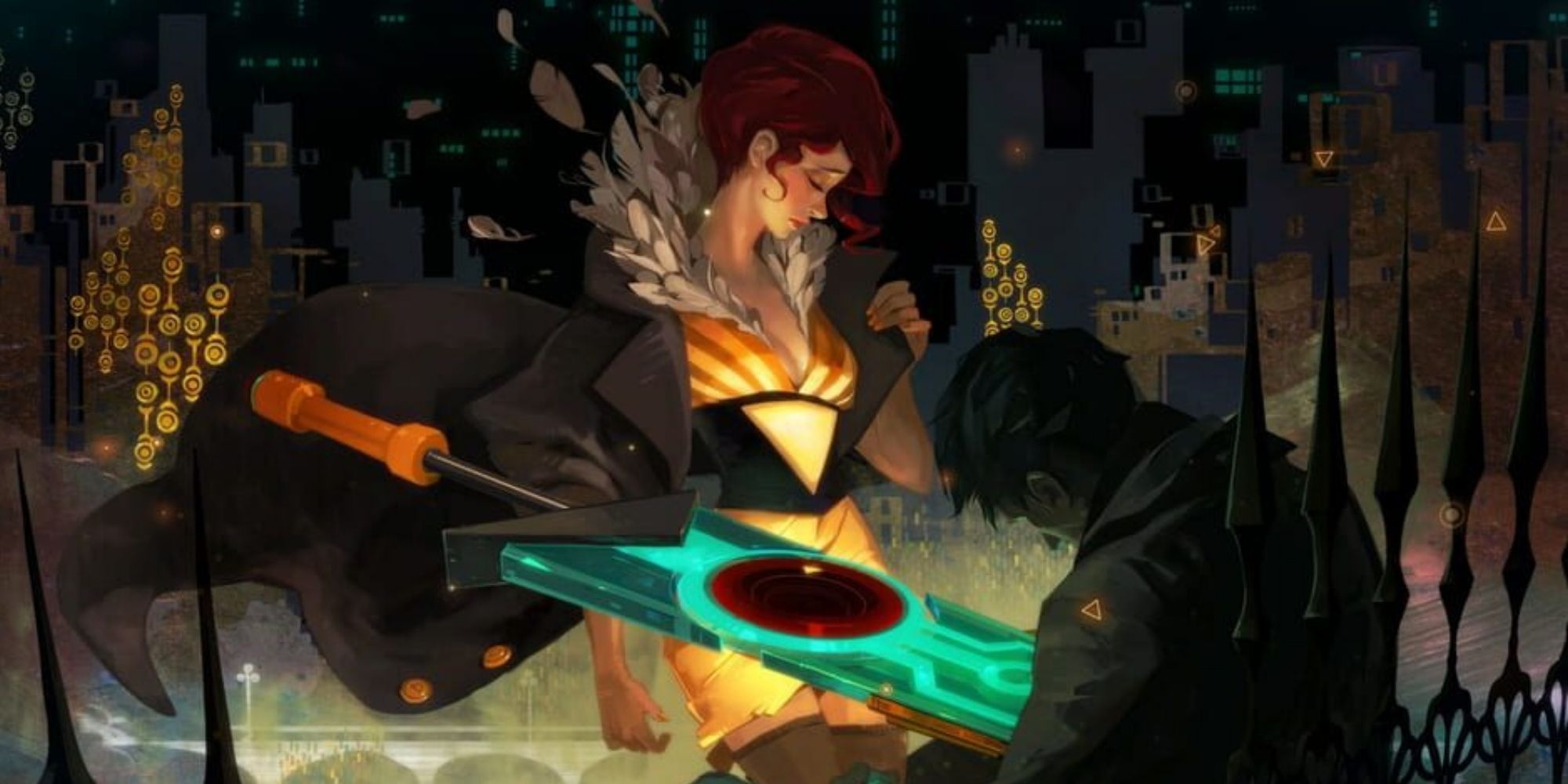 Transistor artwork featuring Red and the sword, while Red glances away. 