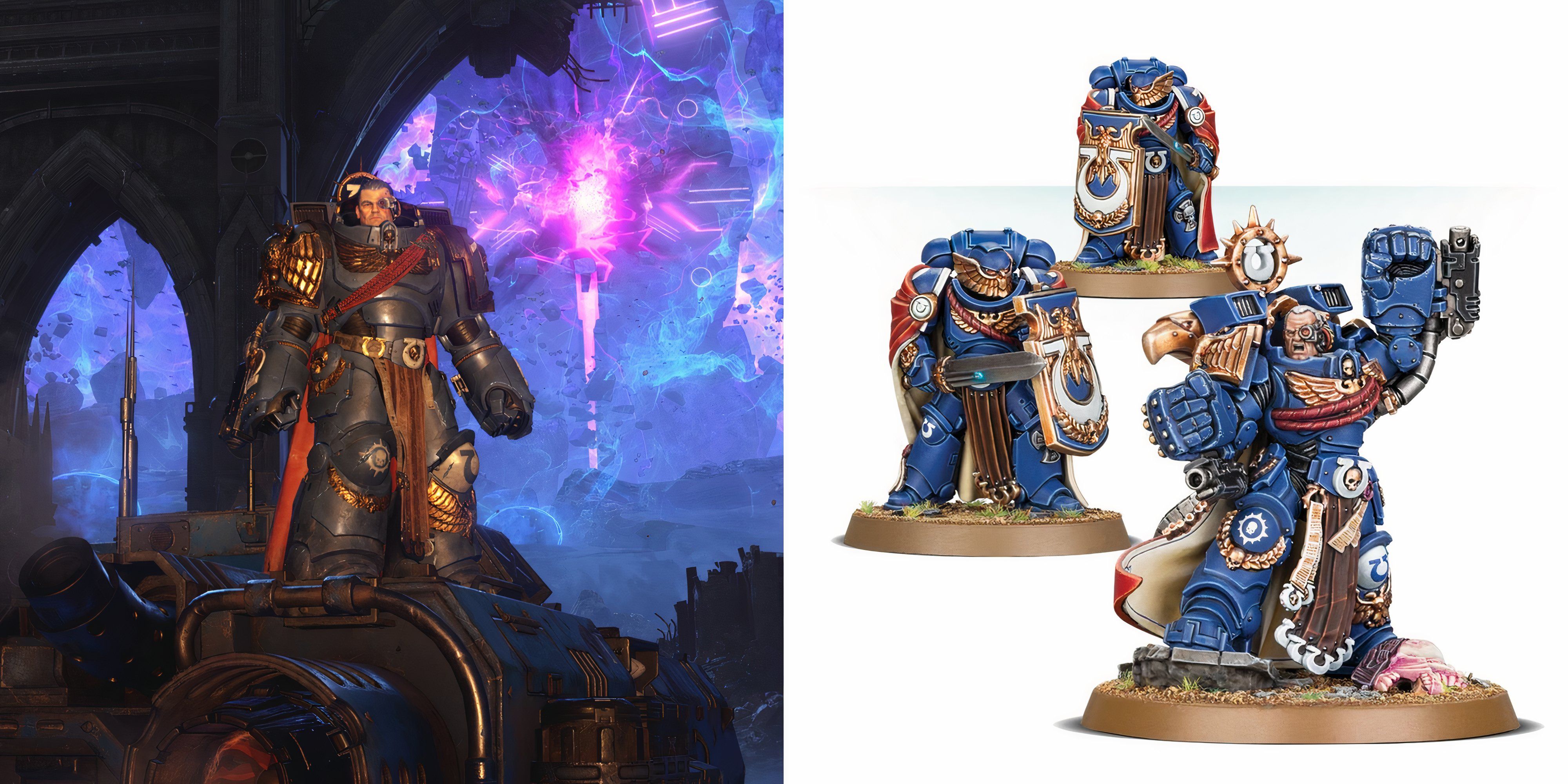 Warhammer 40k: 10 Great Miniatures Featured in Space Marine 2 Calgar standing atop a tank, models fo Calgar and his victrix guard