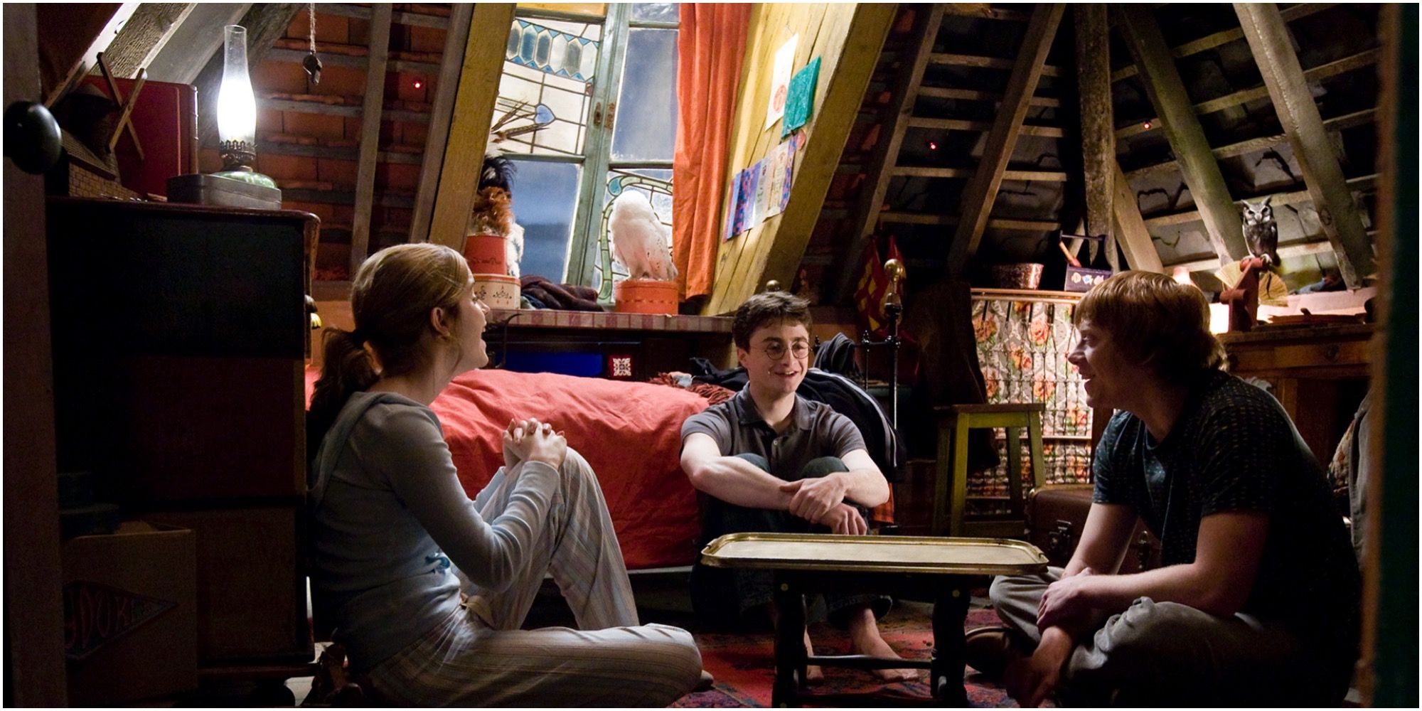 Ron Weasley's Room With Ron Sitting On The Floor Next To Harry And Hermione In The Burrow Harry Potter Series