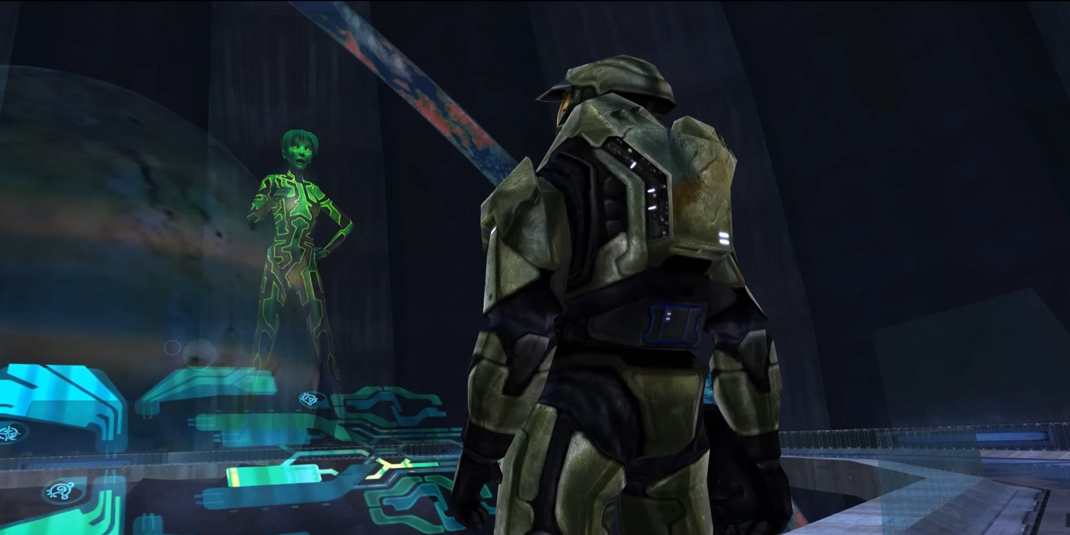 The back of Master Chief in Halo Combat Evolved as he speaks to Cortana-1